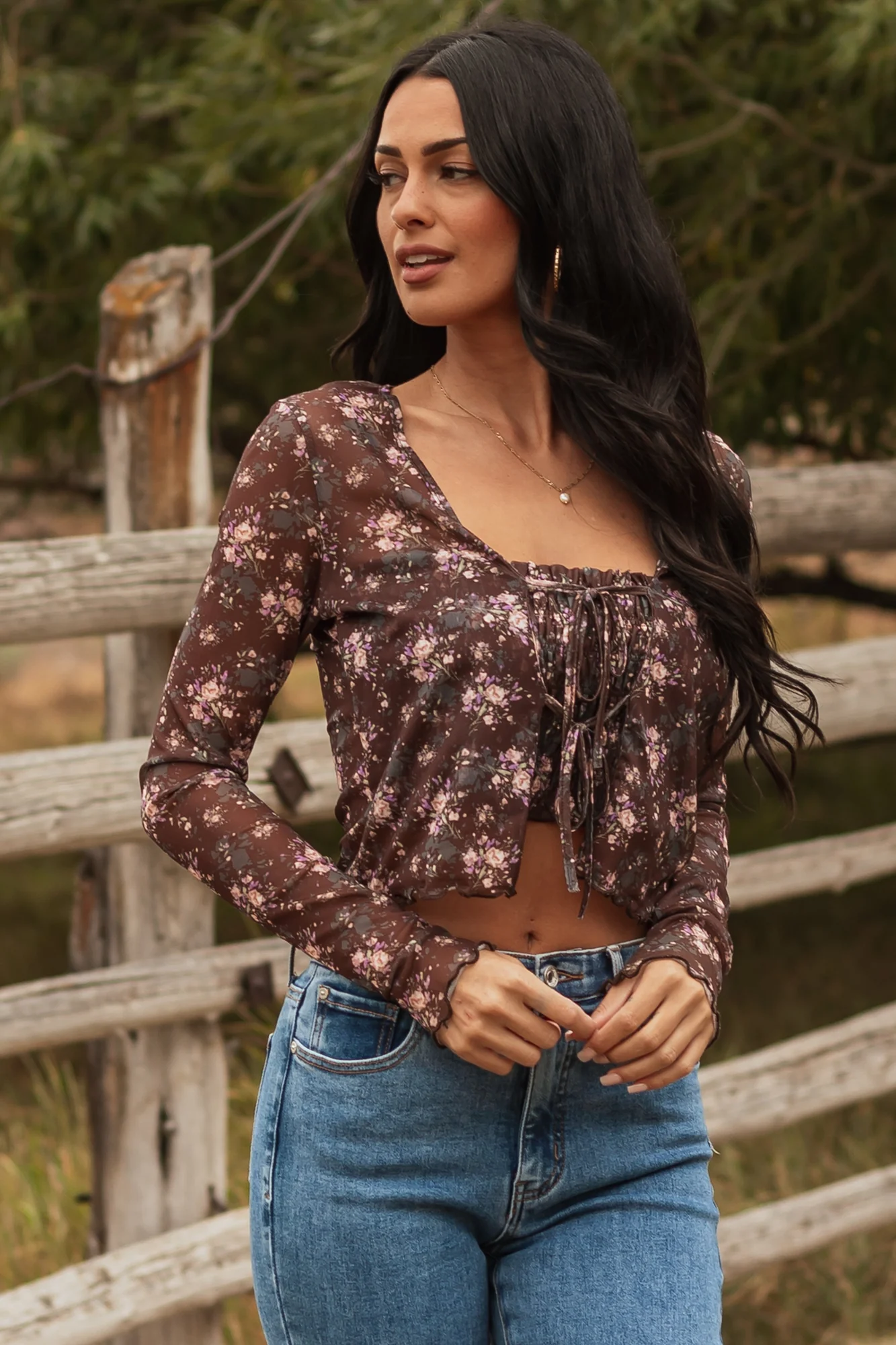Floral Mesh Layered Front Tie Sheer Long Sleeve Top in Cocoa