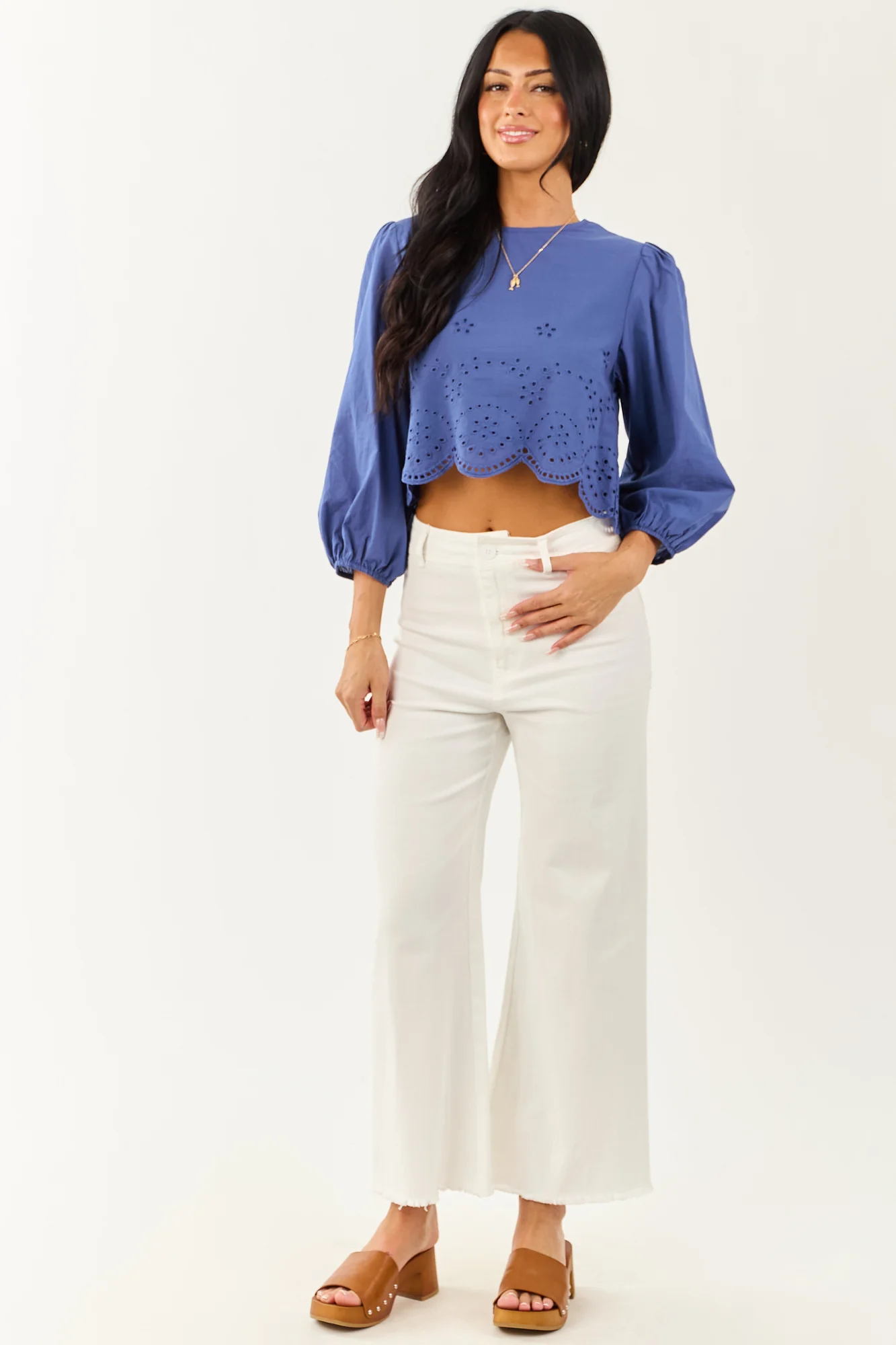 Blue Cotton Long Sleeve Crop Top