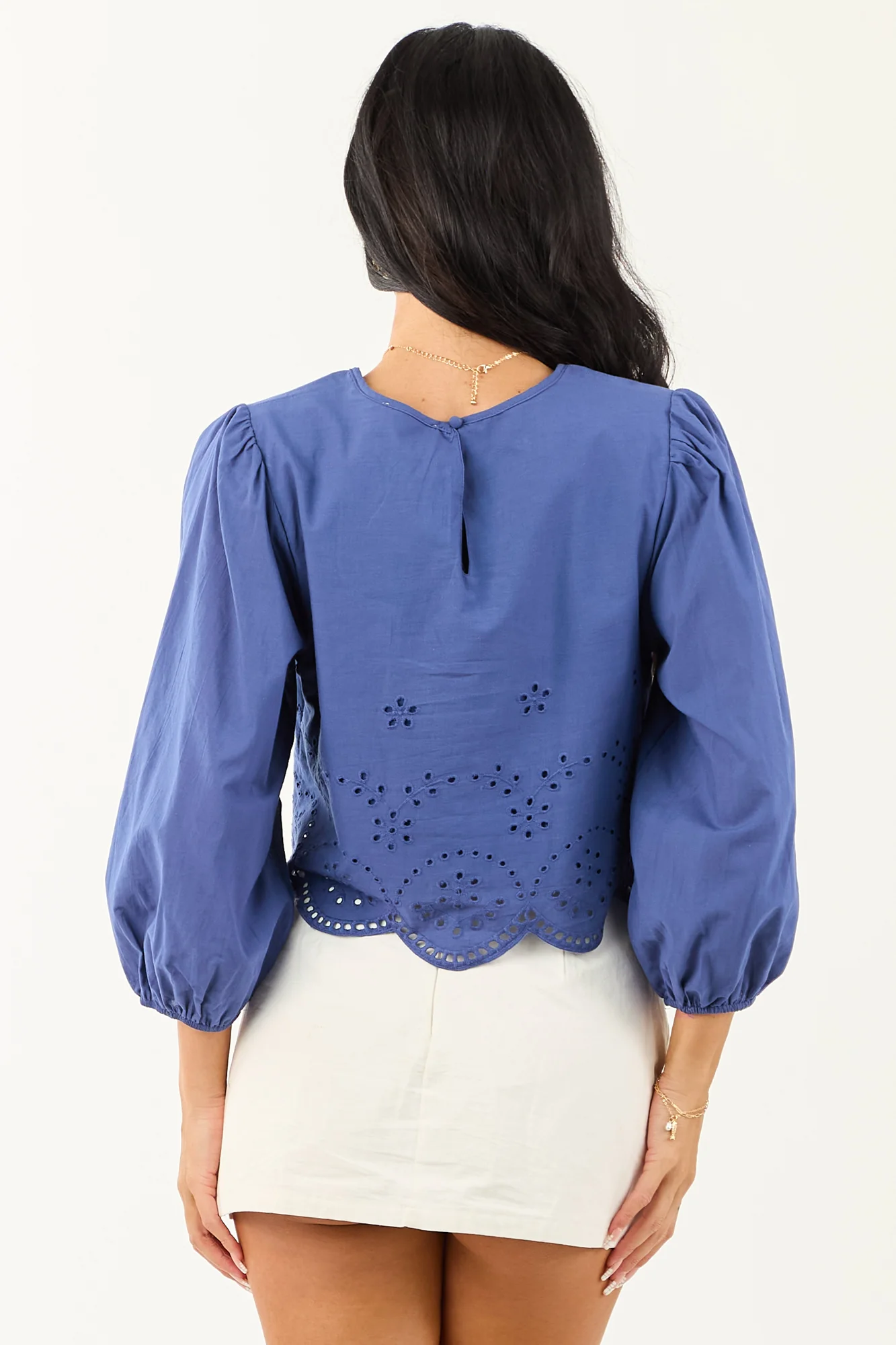 Blue Cotton Long Sleeve Crop Top