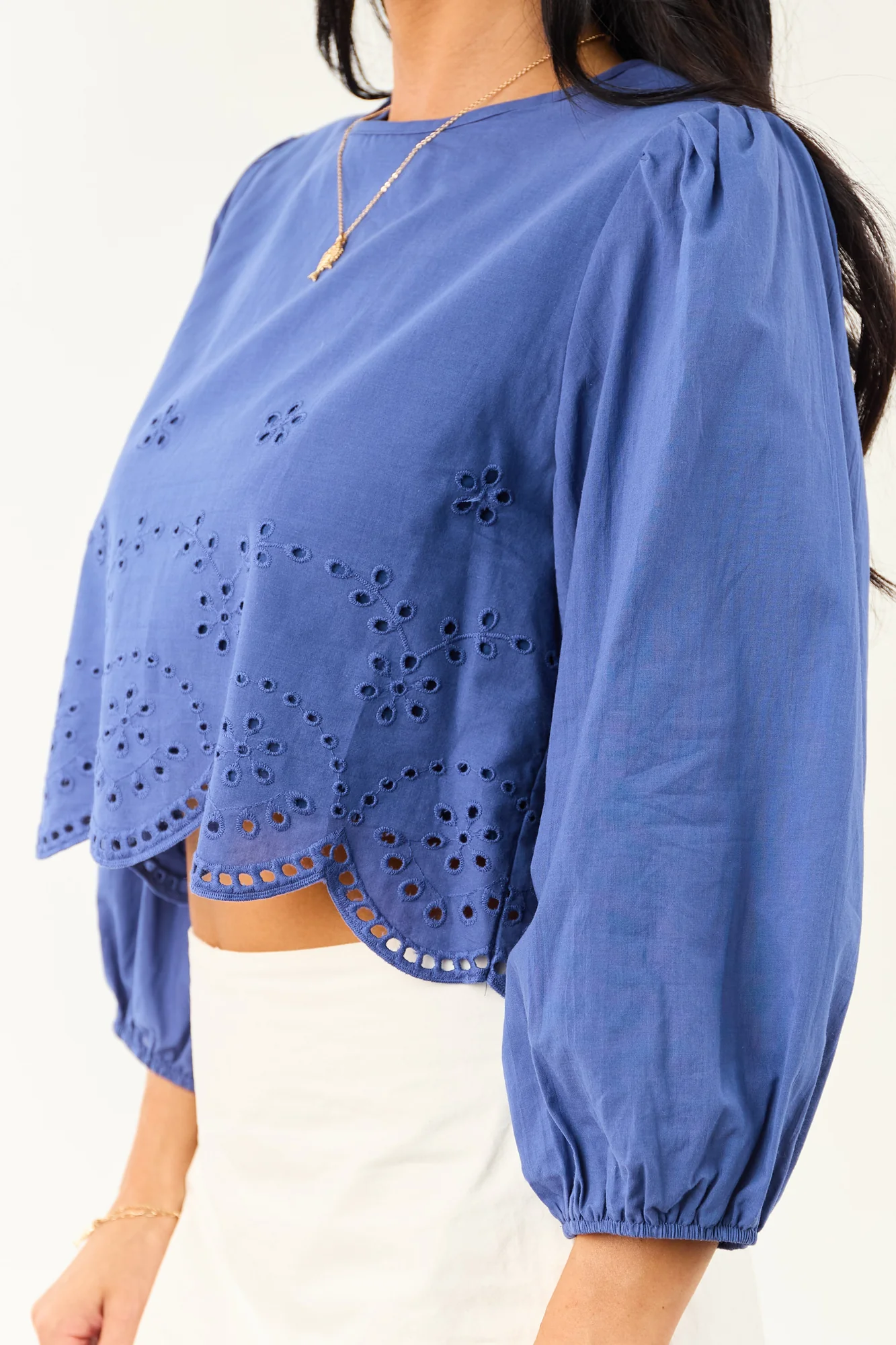 Blue Cotton Long Sleeve Crop Top