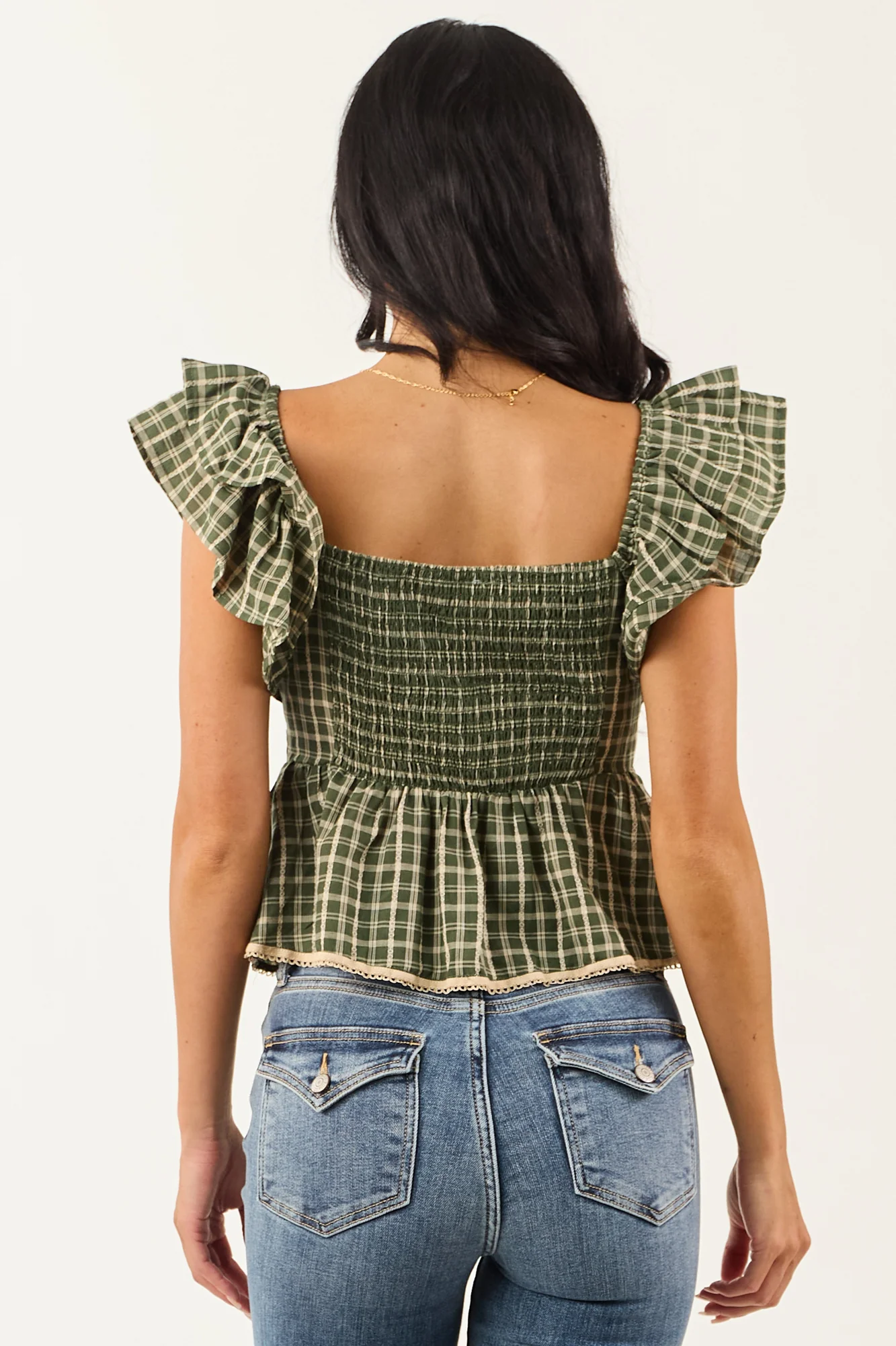 Green Plaid Babydoll Top with Cap Sleeves
