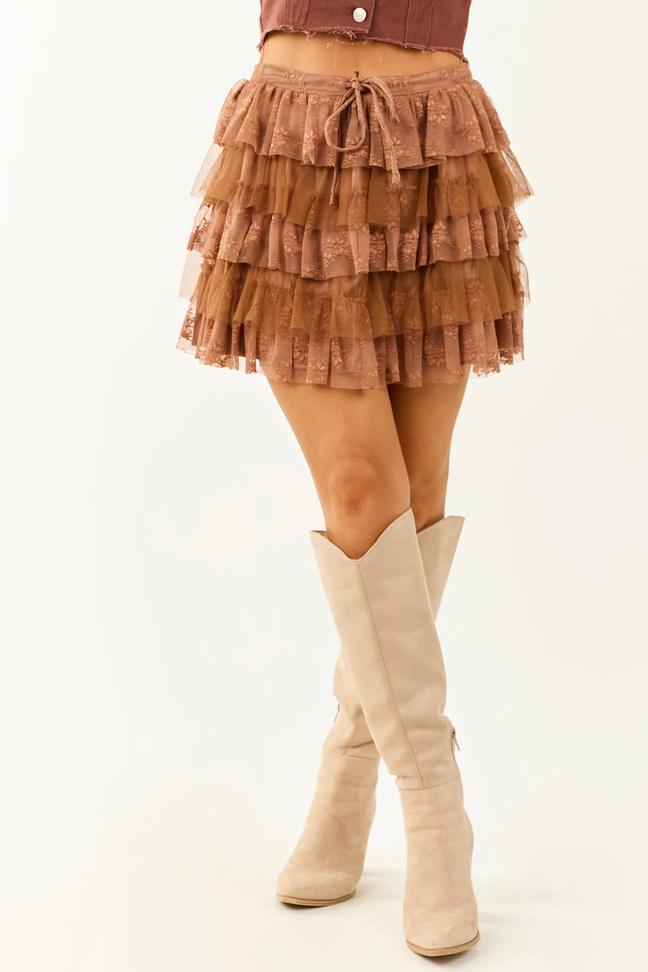 Layered Ruffle Lace Mini Skirt in Sepia Brown
