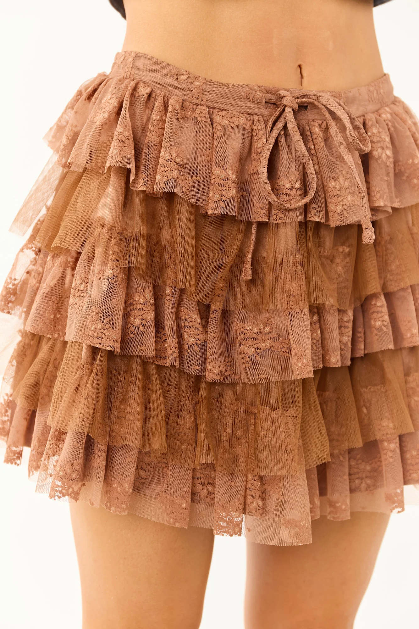 Layered Ruffle Lace Mini Skirt in Sepia Brown