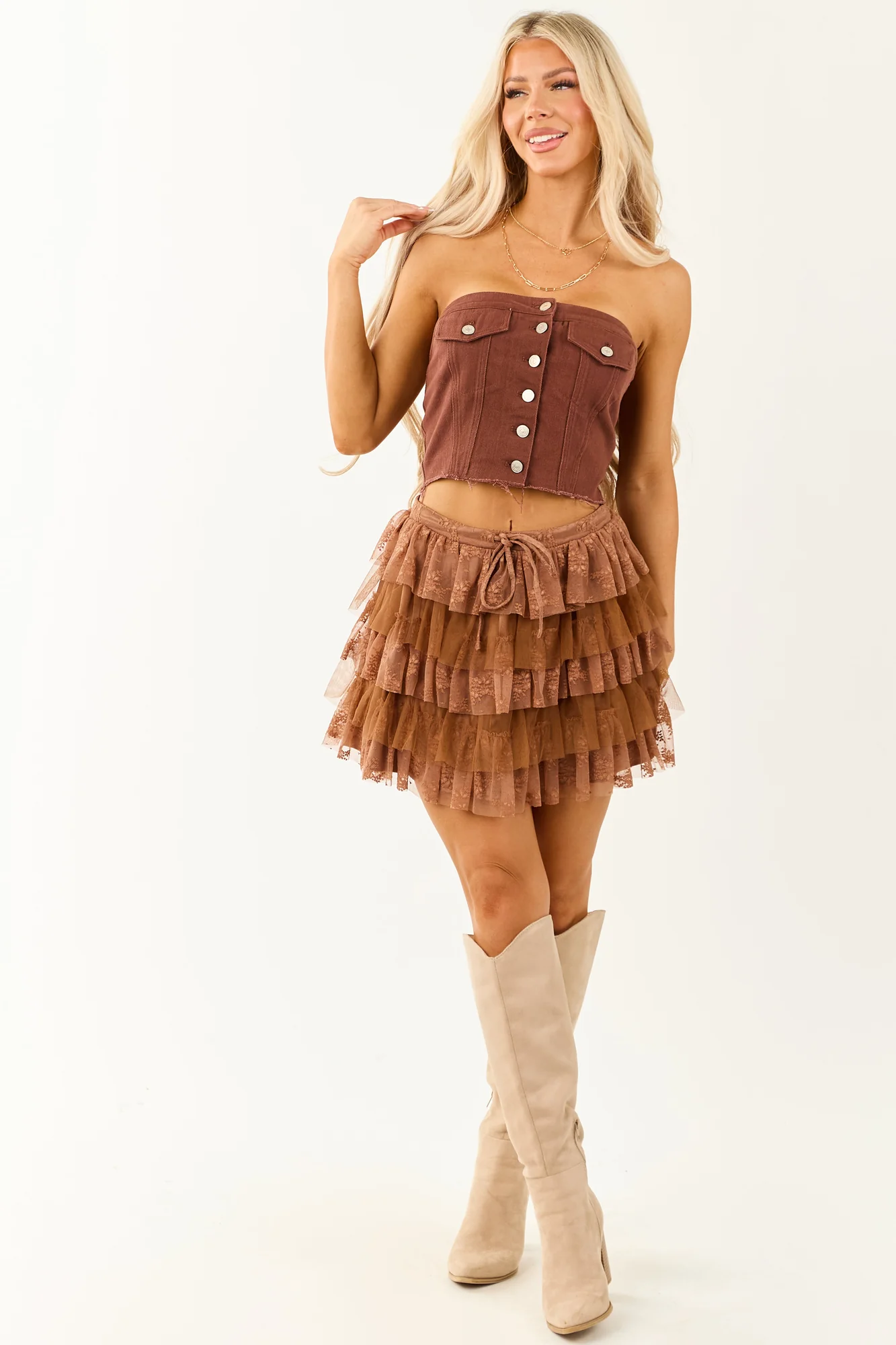 Layered Ruffle Lace Mini Skirt in Sepia Brown