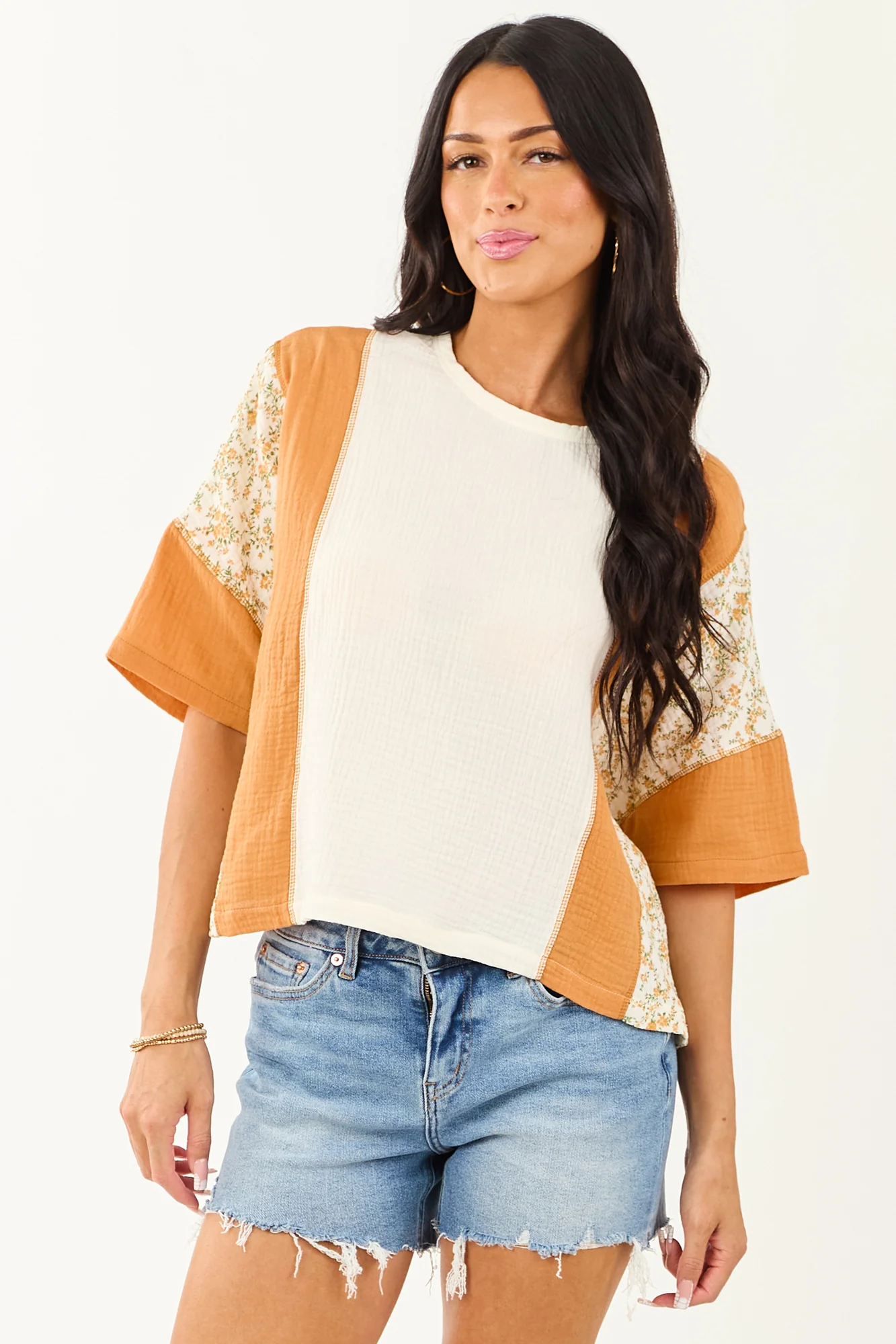 Cream Floral Printed Cotton Gauze Top
