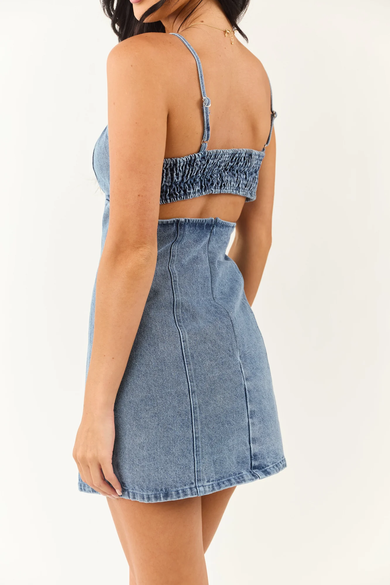 Blue Denim Sleeveless Mini Dress with Back Cutout