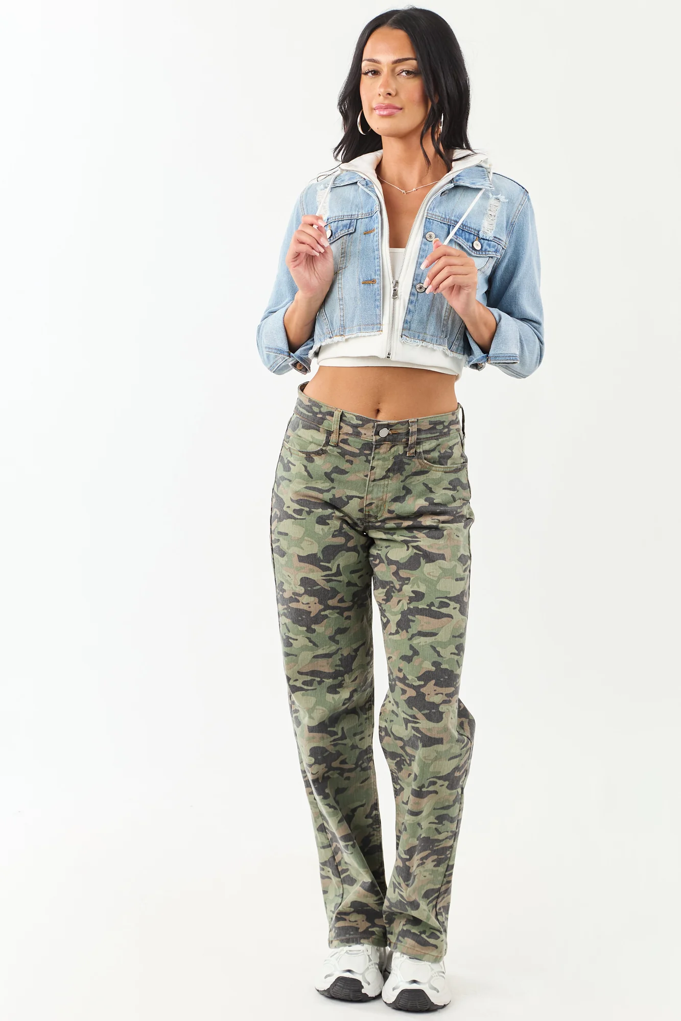 Medium Wash Denim Crop Jacket with White Hoodie