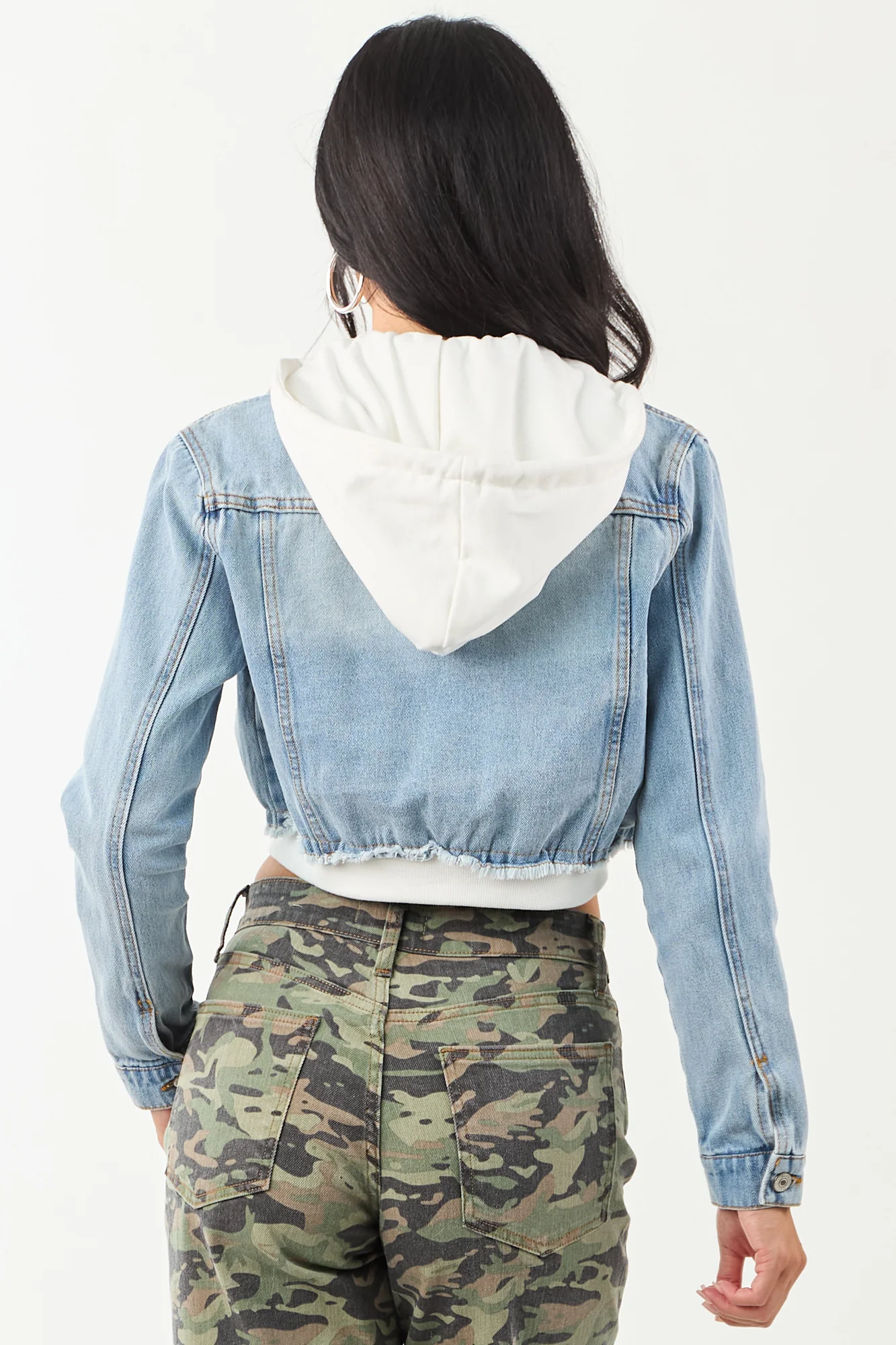Medium Wash Denim Crop Jacket with White Hoodie