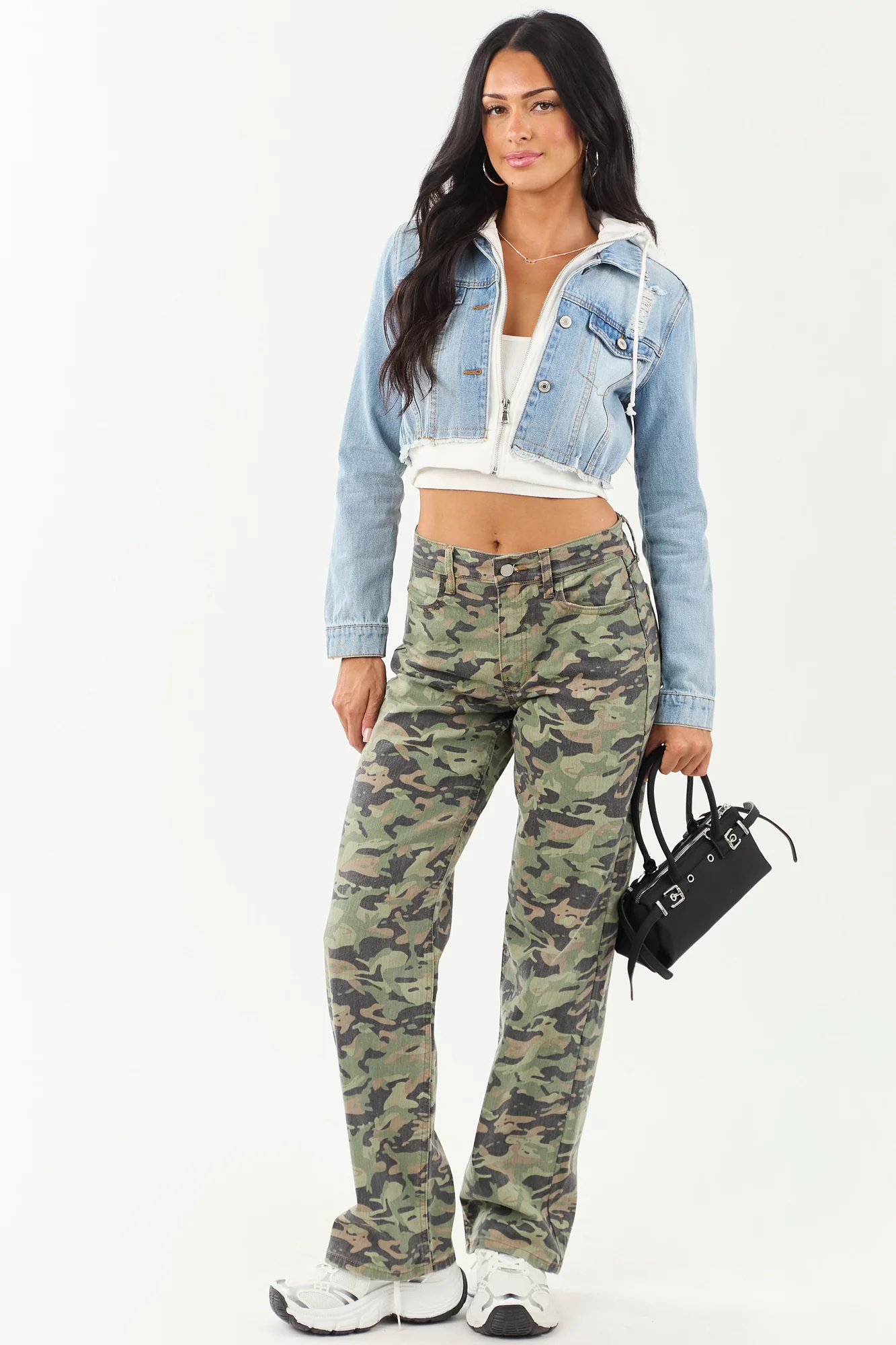 Medium Wash Denim Crop Jacket with White Hoodie