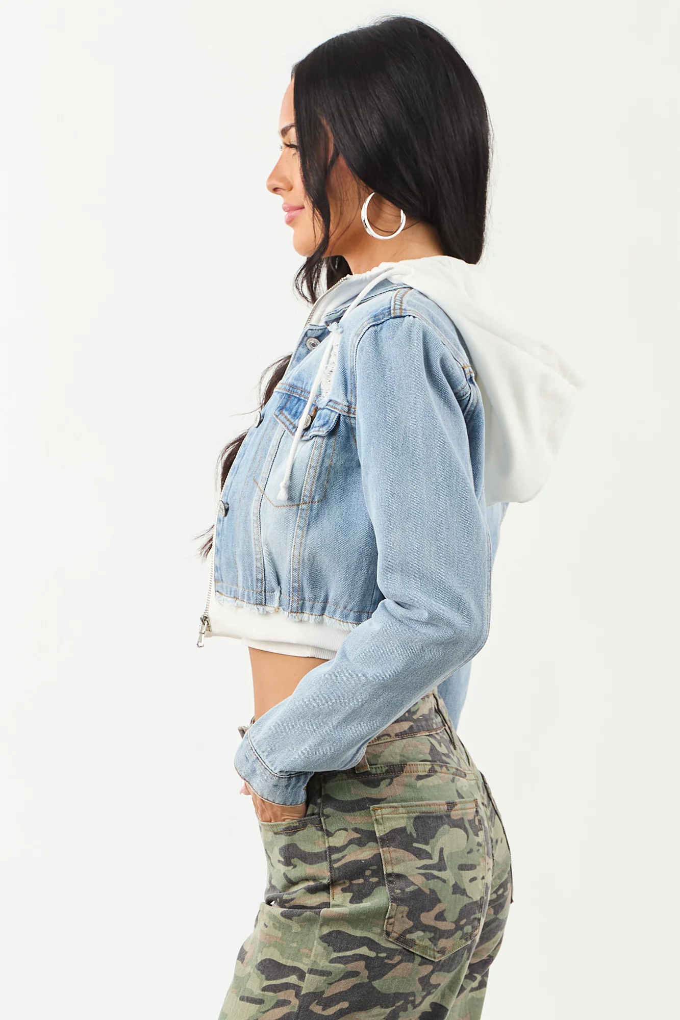 Medium Wash Denim Crop Jacket with White Hoodie