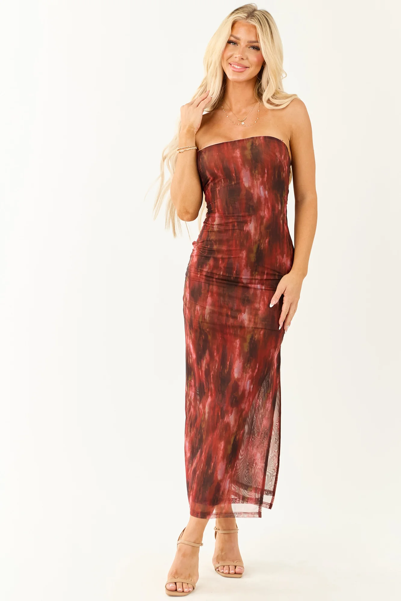 Abstract Print Mesh Strapless Midi Dress in Cherry Tones