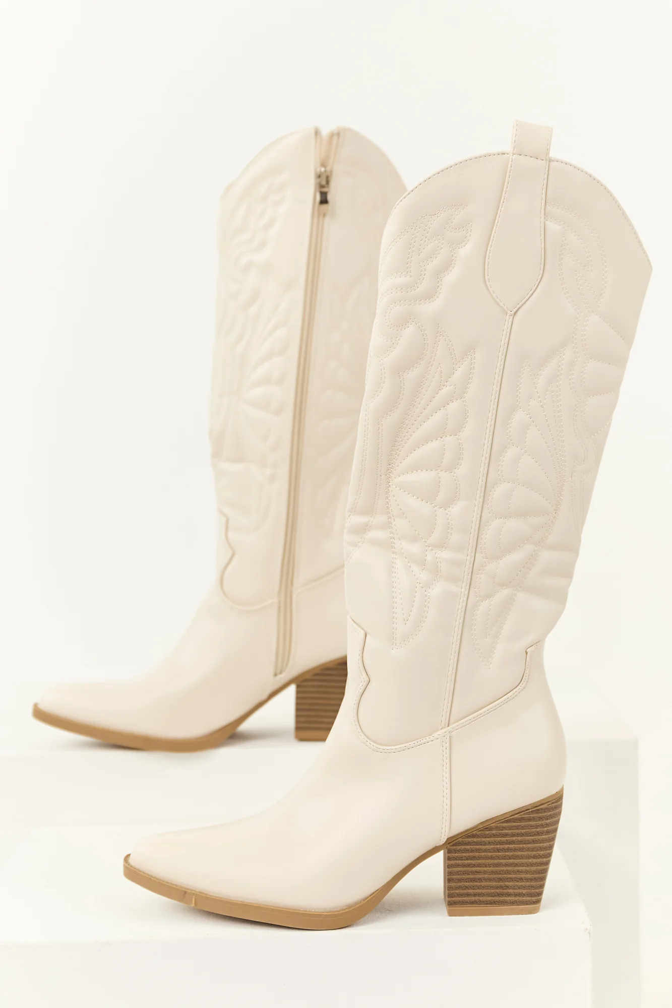 Ivory Cowboy Boots with Block Heel for Women 5.5-10 Sizes