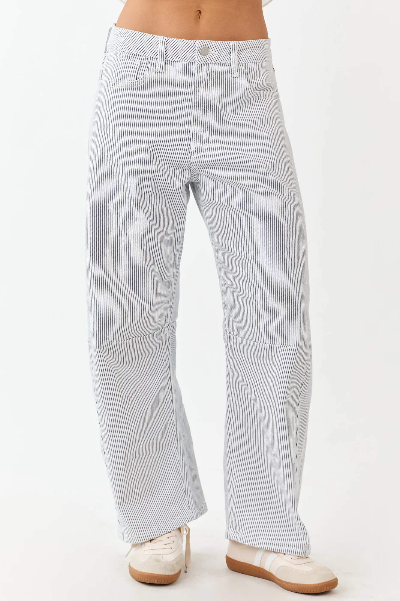 Navy Striped High Rise Stretchy Barrel Jeans