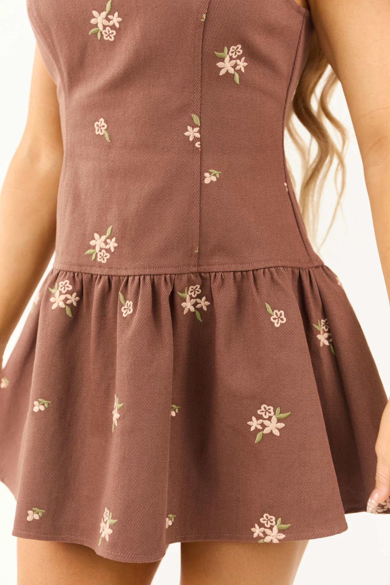 Brown Embroidered Mini Drop Waist Denim Dress