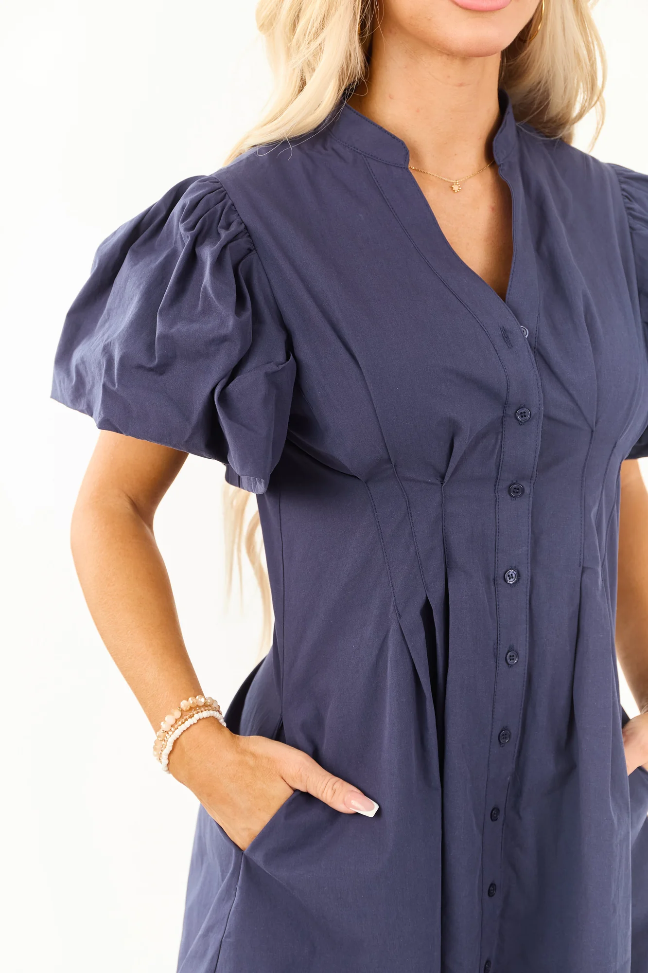 Navy Cotton Mini Shirt Dress with Bubble Sleeves