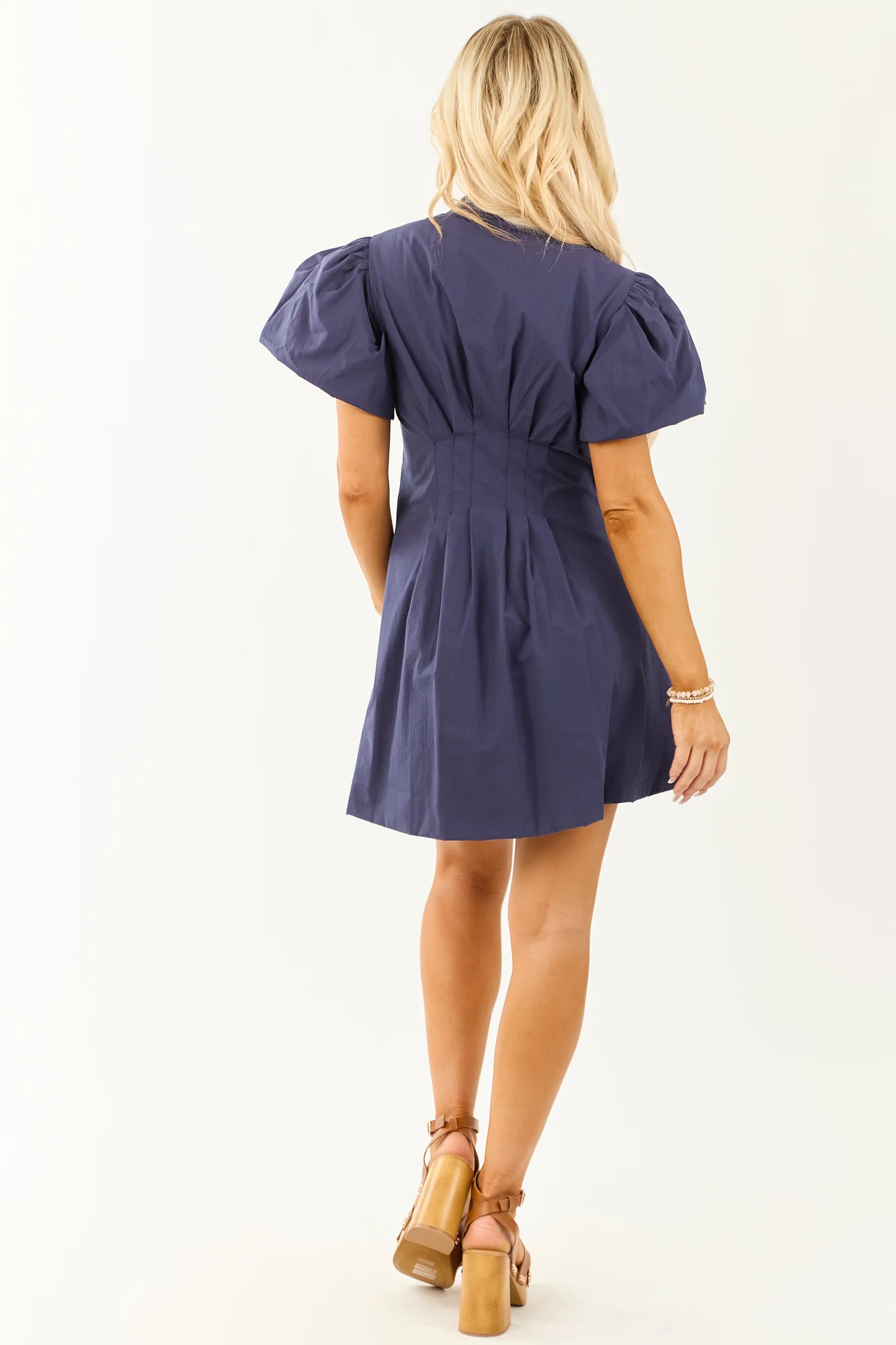Navy Cotton Mini Shirt Dress with Bubble Sleeves