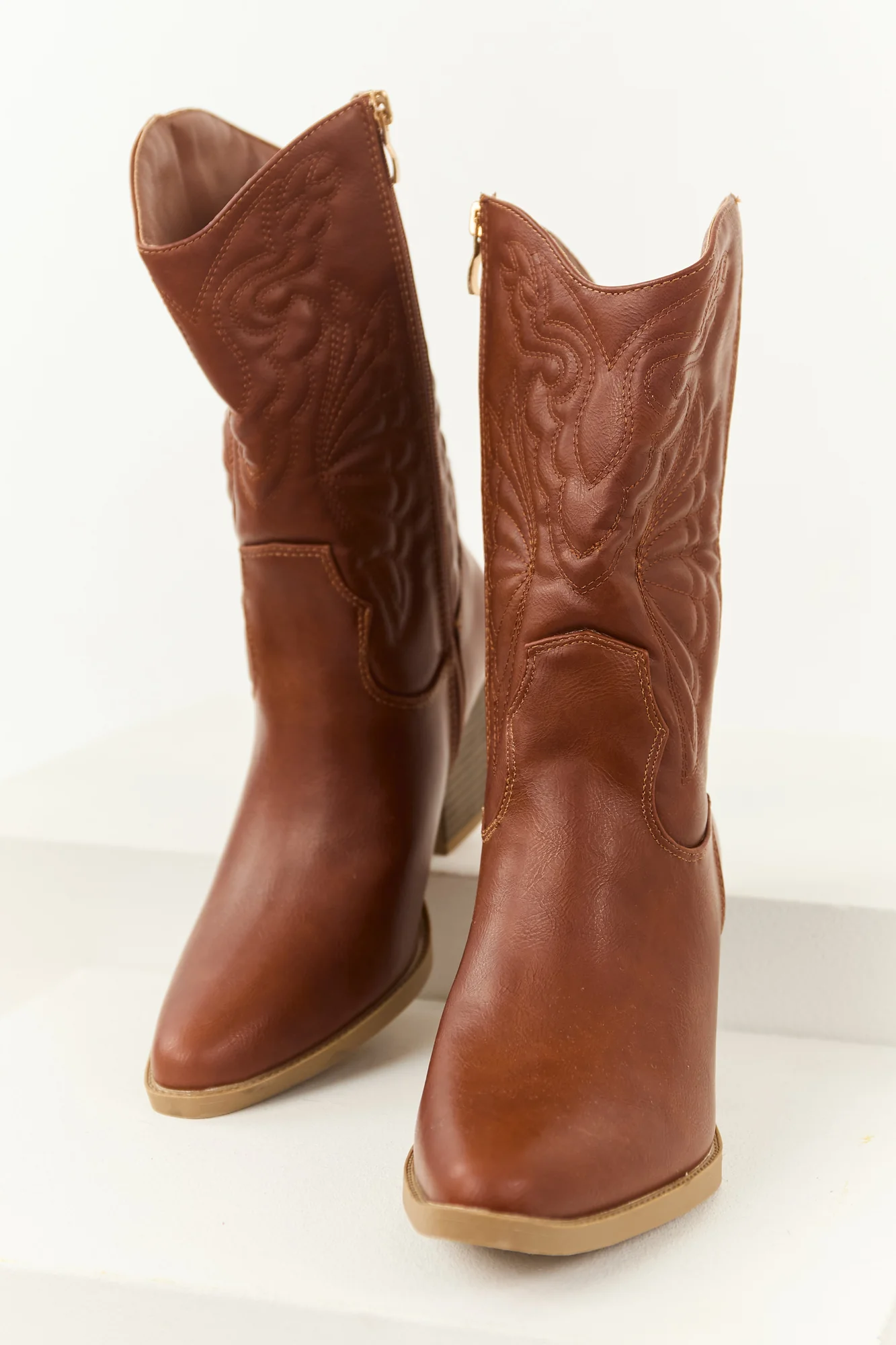 Brown Faux Leather Western Style Cowboy Boots