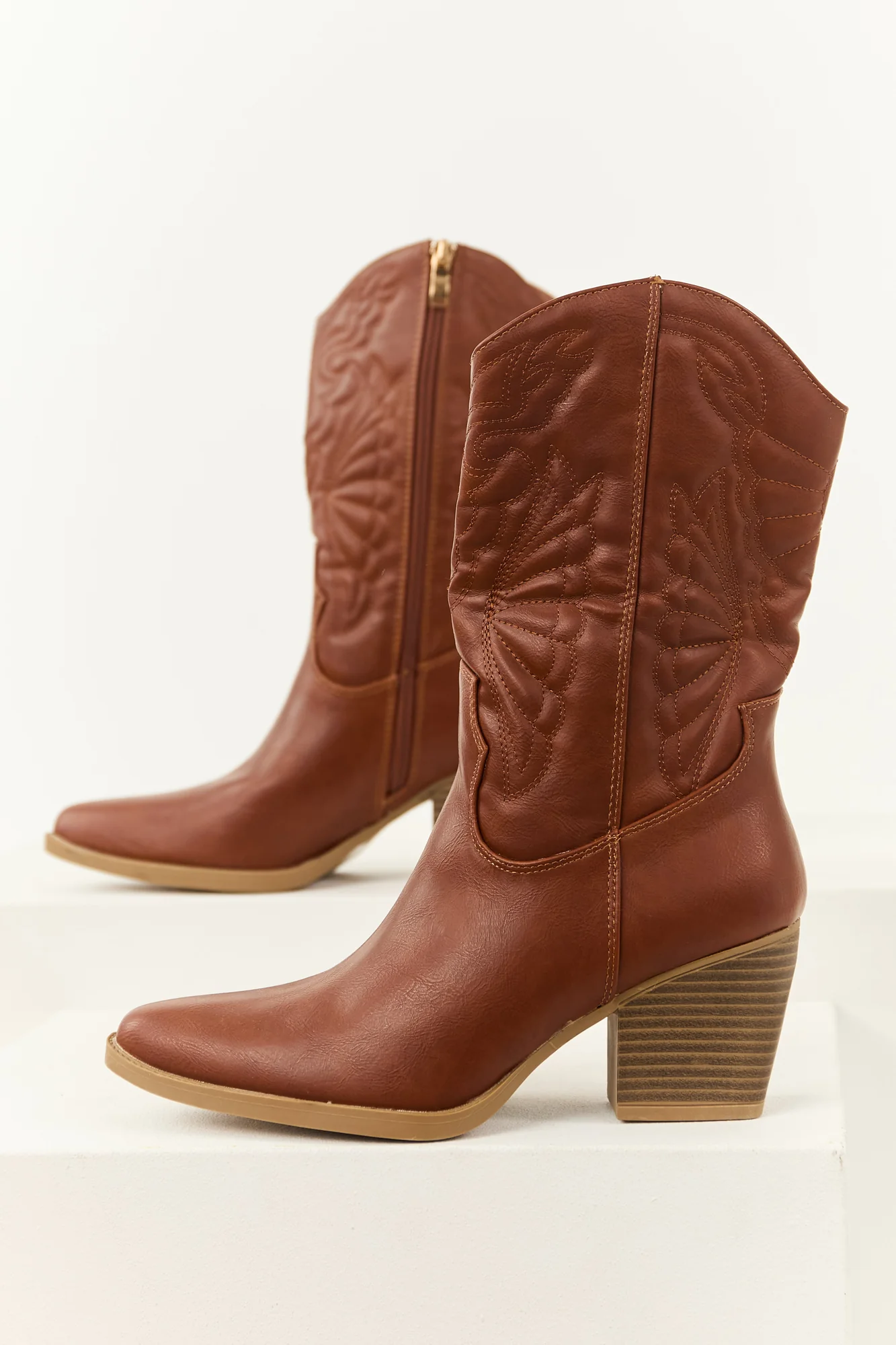 Brown Faux Leather Western Style Cowboy Boots