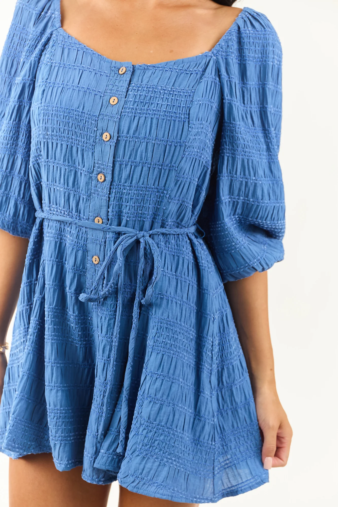 Navy Velvet Wide Leg Romper with Puff Sleeves