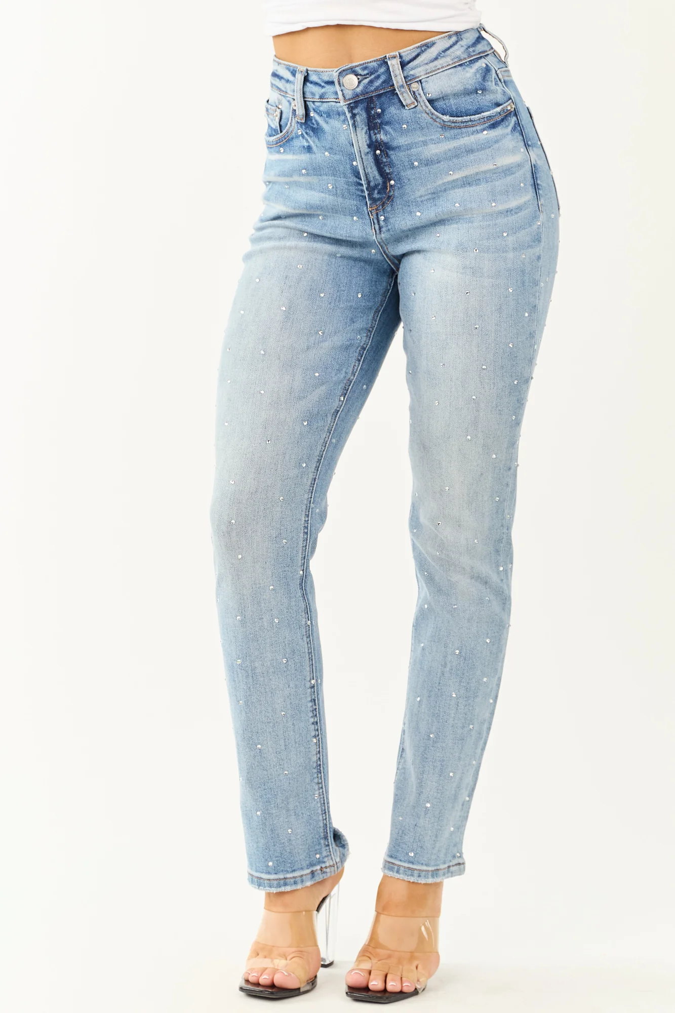 Light Wash Rhinestone Stretchy Straight Jeans