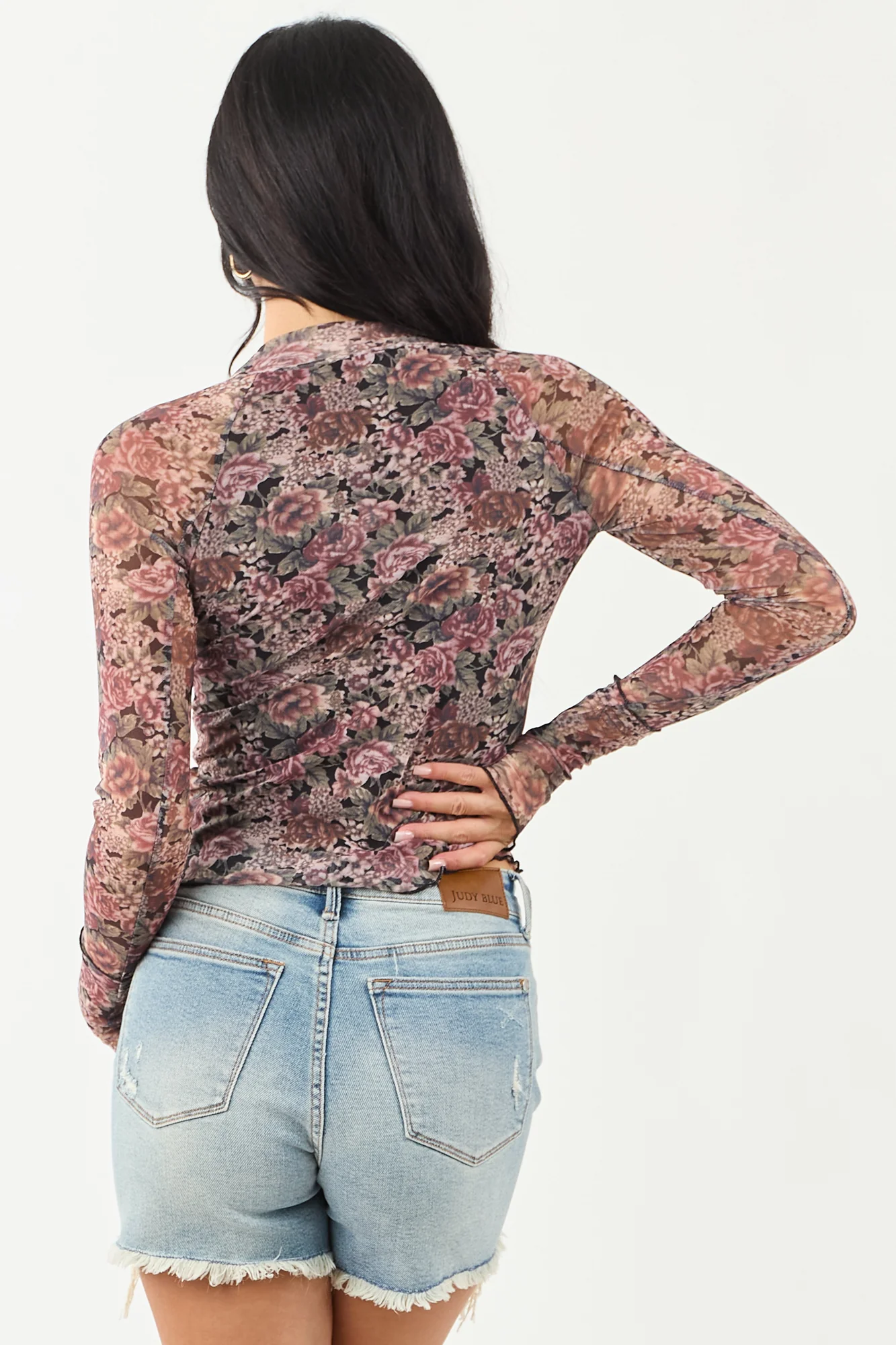 Dusty Floral Mesh Mock Neck Top in Rose Color