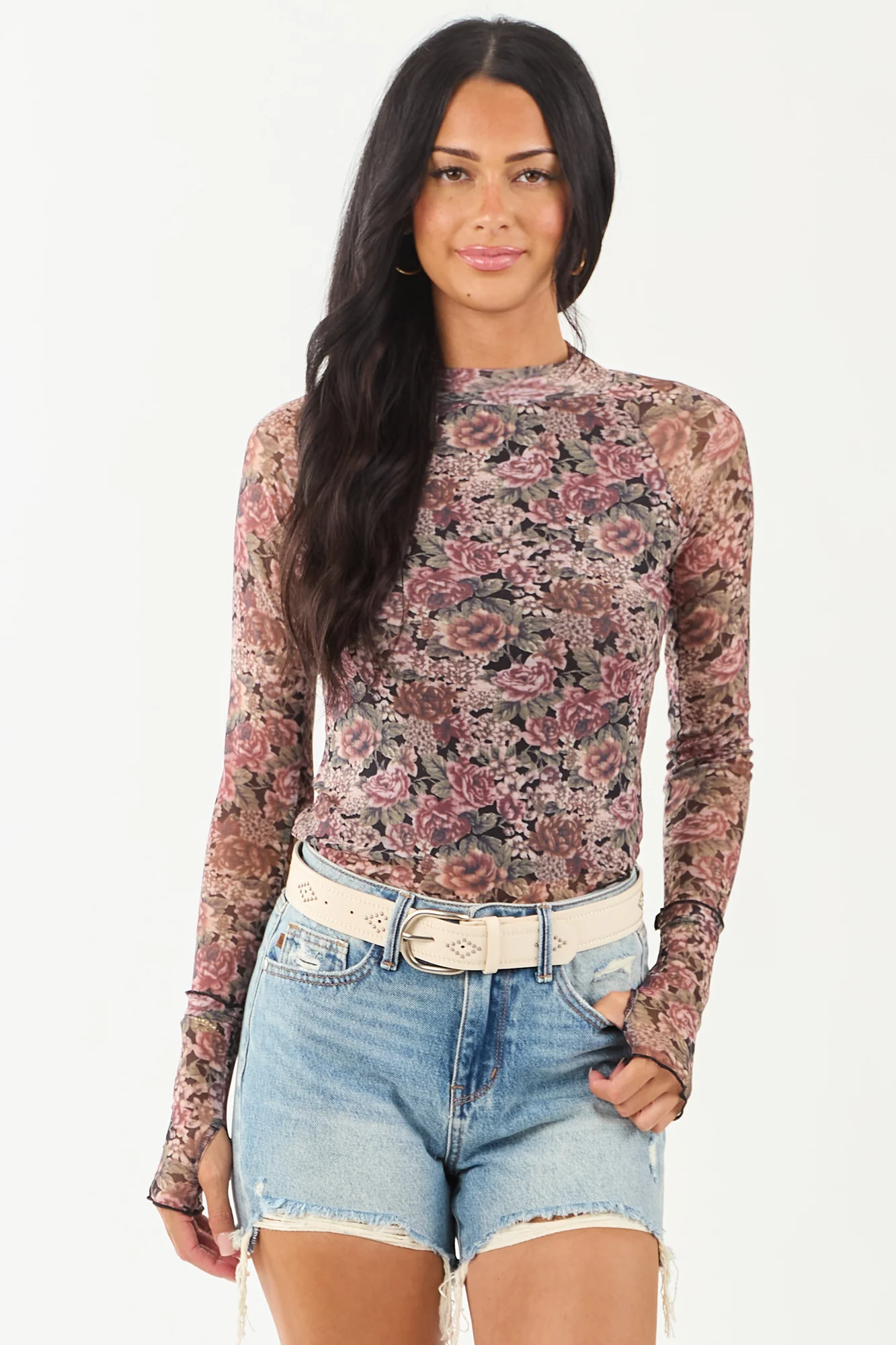 Dusty Floral Mesh Mock Neck Top in Rose Color