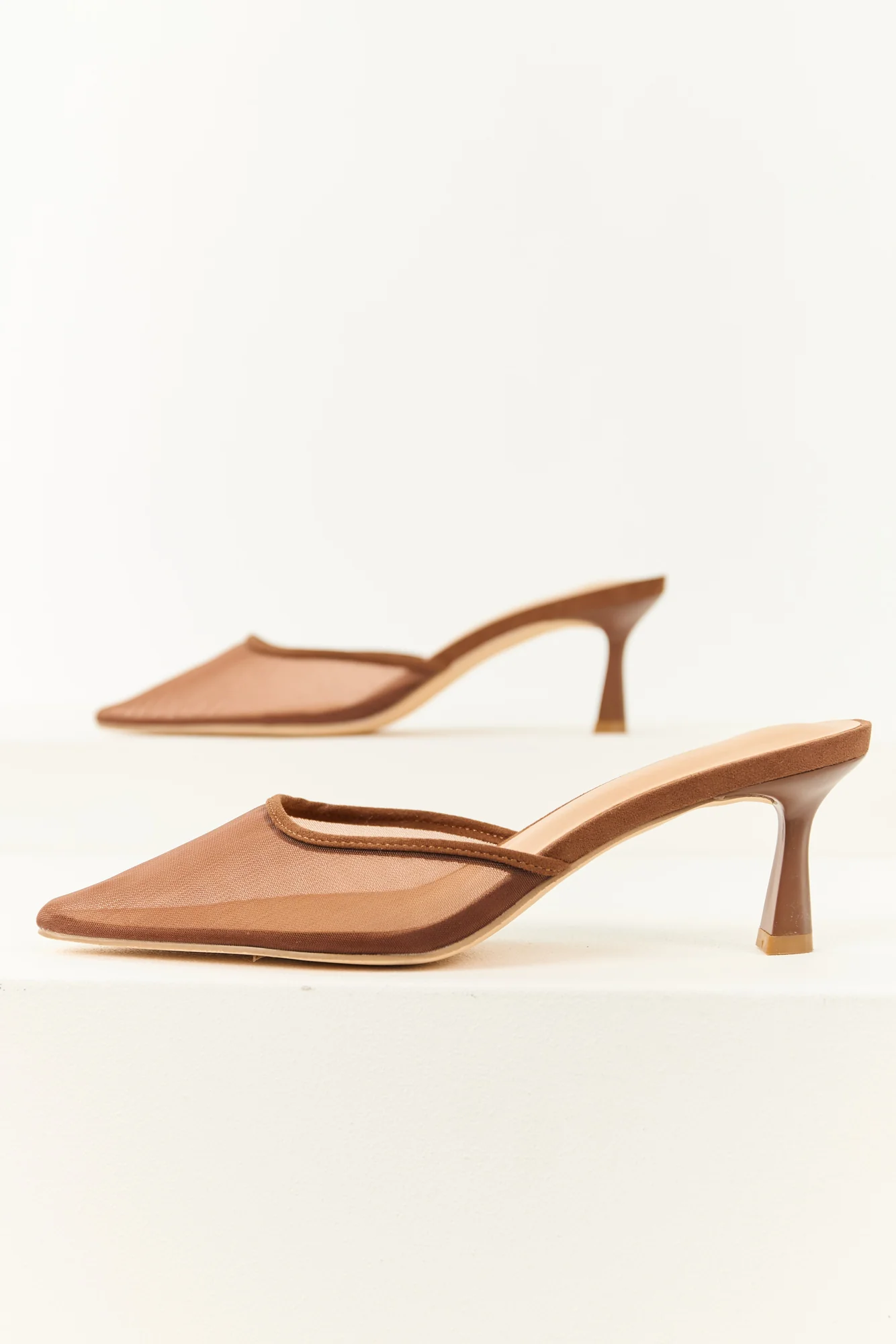 Brown Mesh Pointed Toe Kitten Heels, 3-Inch Heel