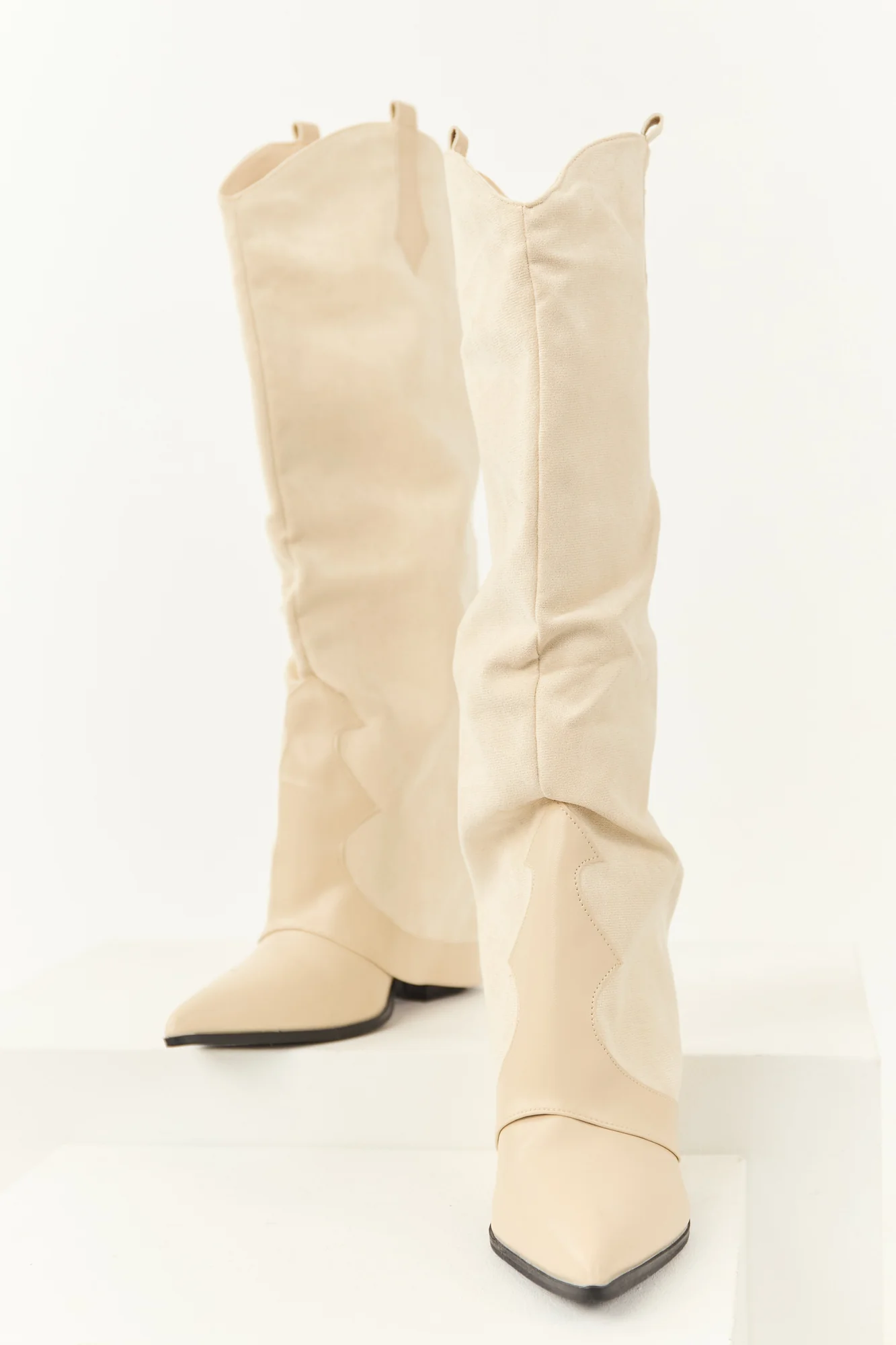White Knee High Cowboy Boots with Overlay Design