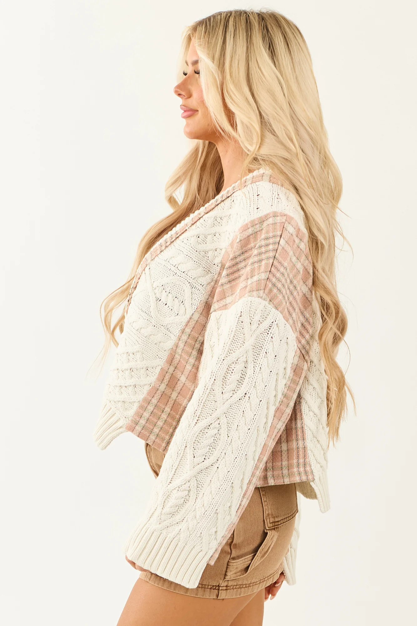 Chunky Ivory Cable Knit Plaid Cardigan