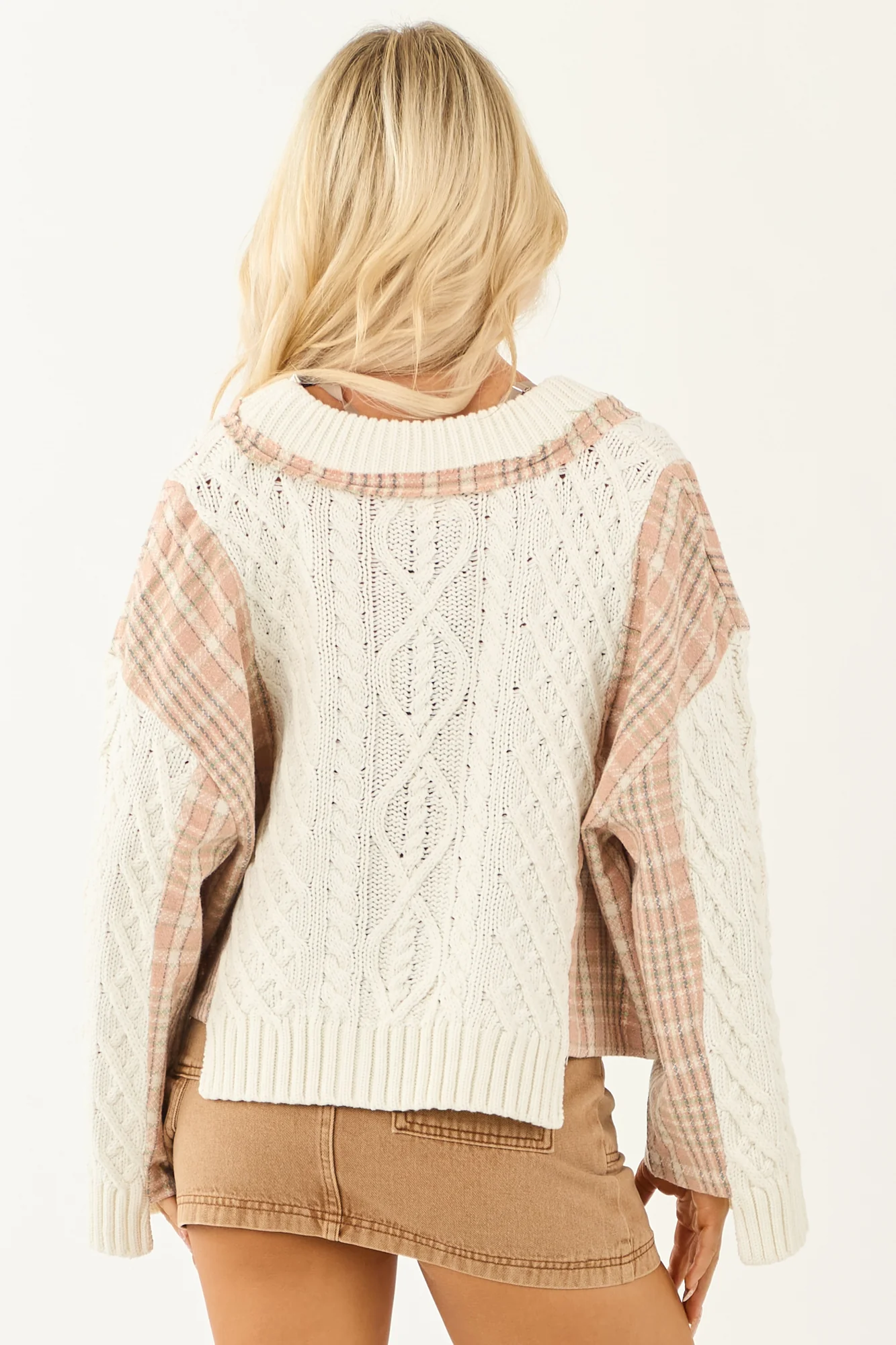 Chunky Ivory Cable Knit Plaid Cardigan