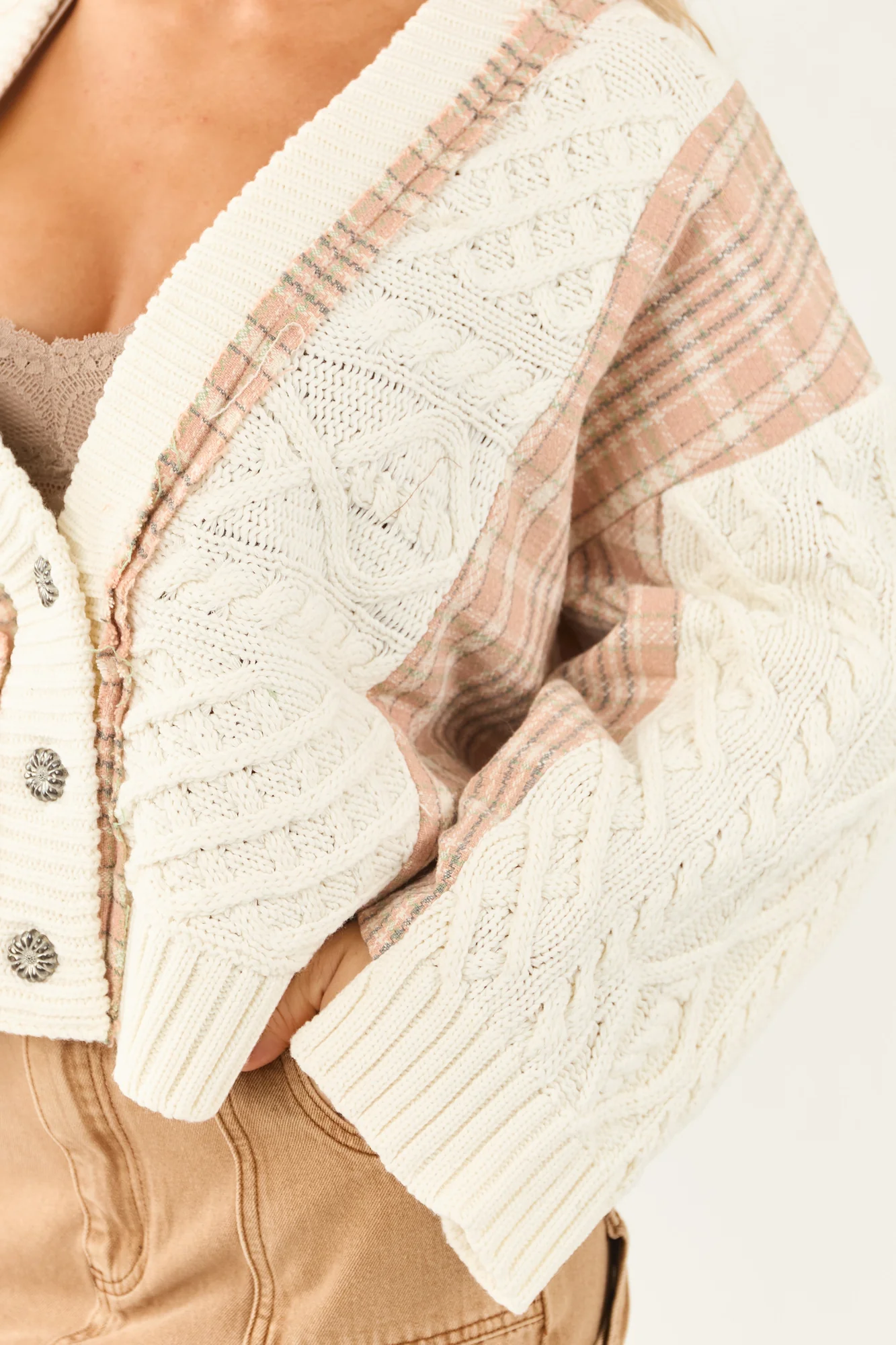 Chunky Ivory Cable Knit Plaid Cardigan