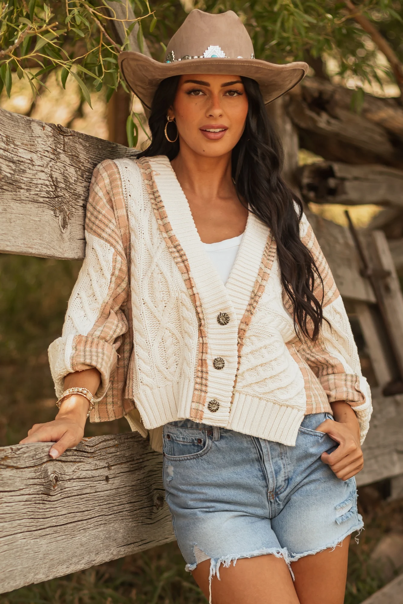 Chunky Ivory Cable Knit Plaid Cardigan