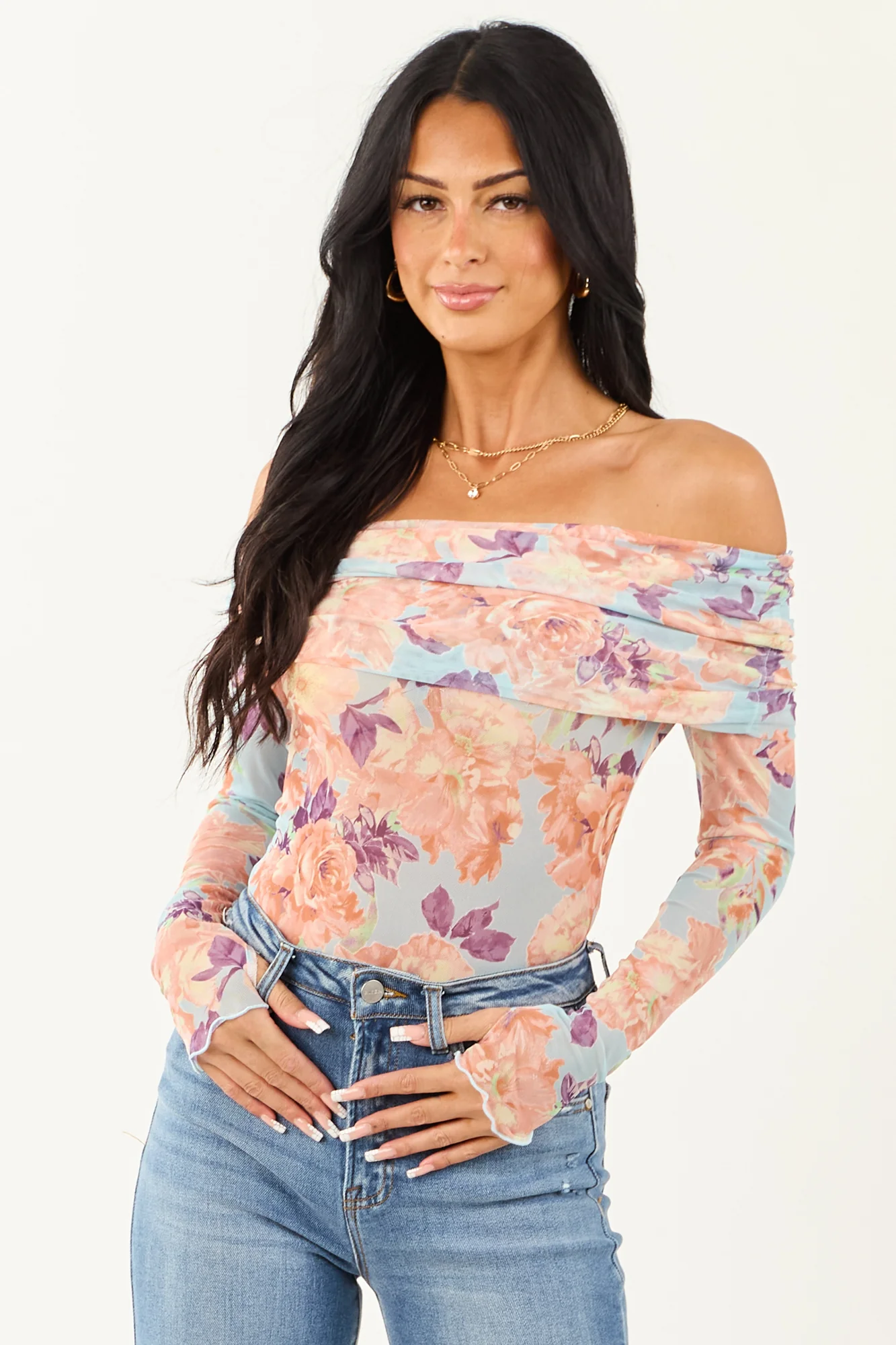 Sky Blue Floral Mesh Off-the-Shoulder Bodysuit