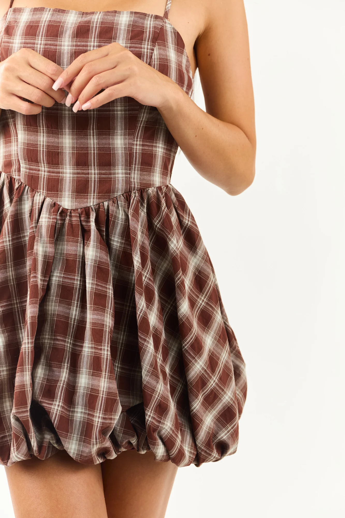 Brown Plaid Bubble Hem Mini Dress - Lightweight Cotton