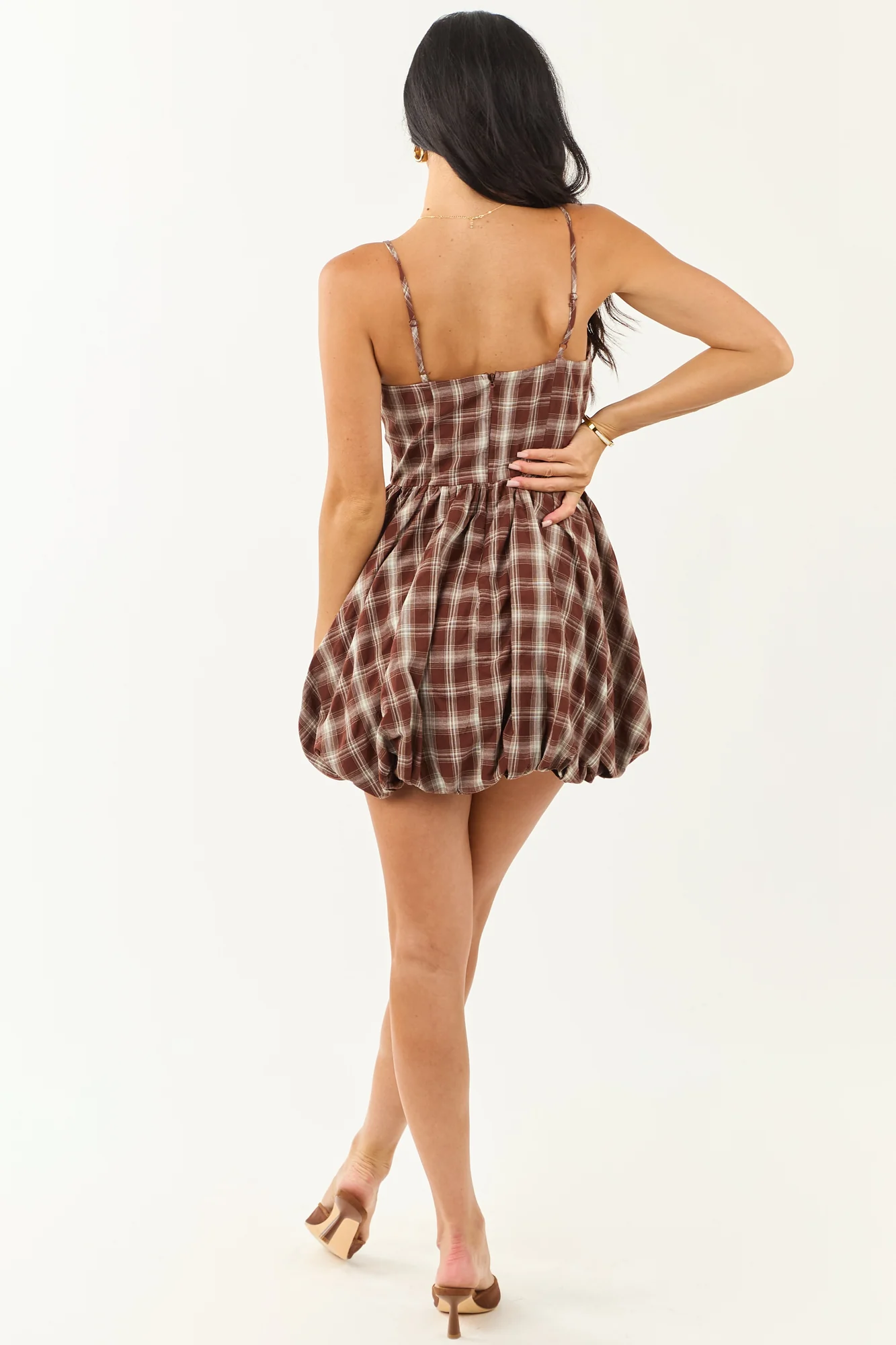 Brown Plaid Bubble Hem Mini Dress - Lightweight Cotton