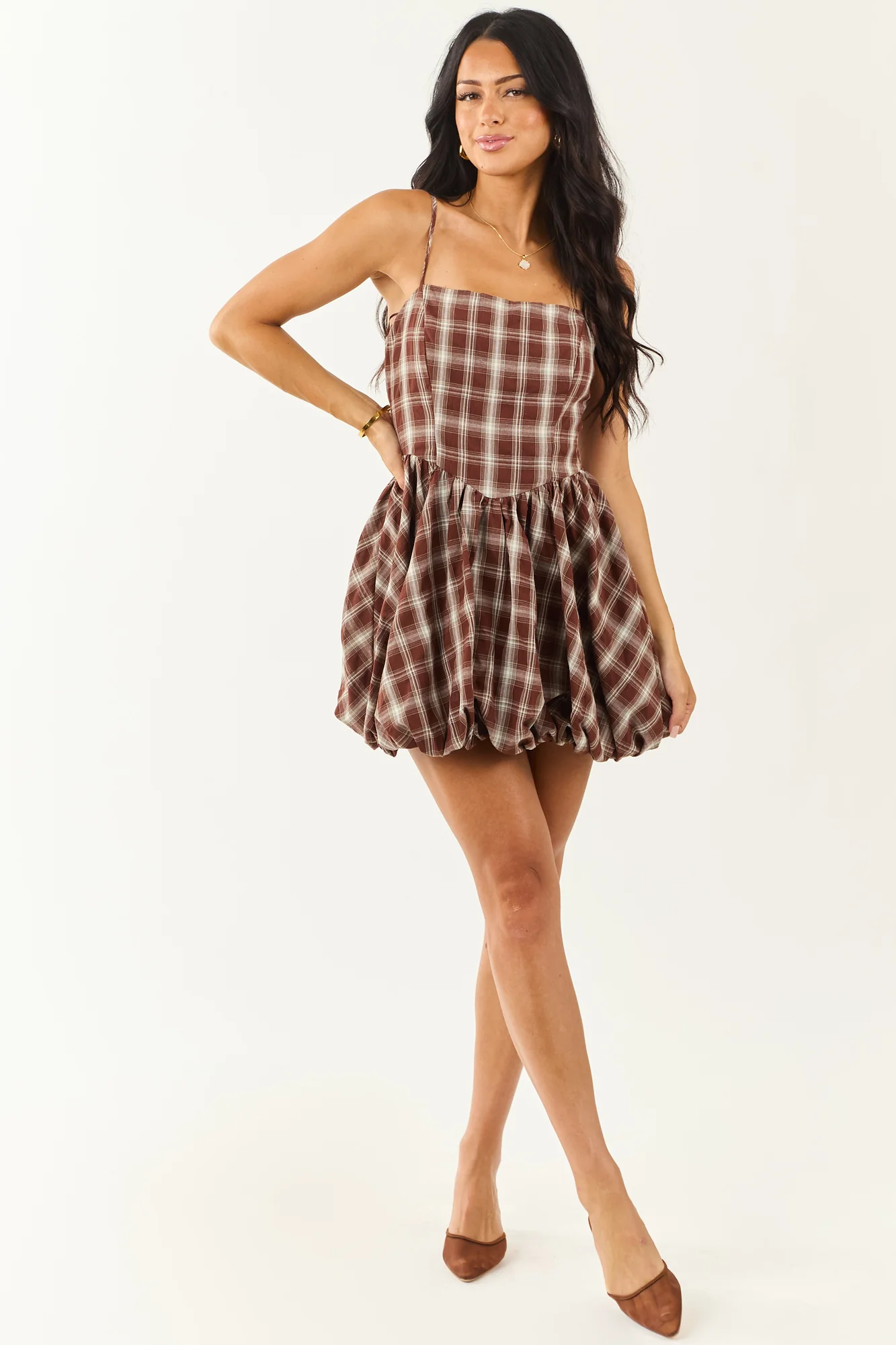 Brown Plaid Bubble Hem Mini Dress - Lightweight Cotton