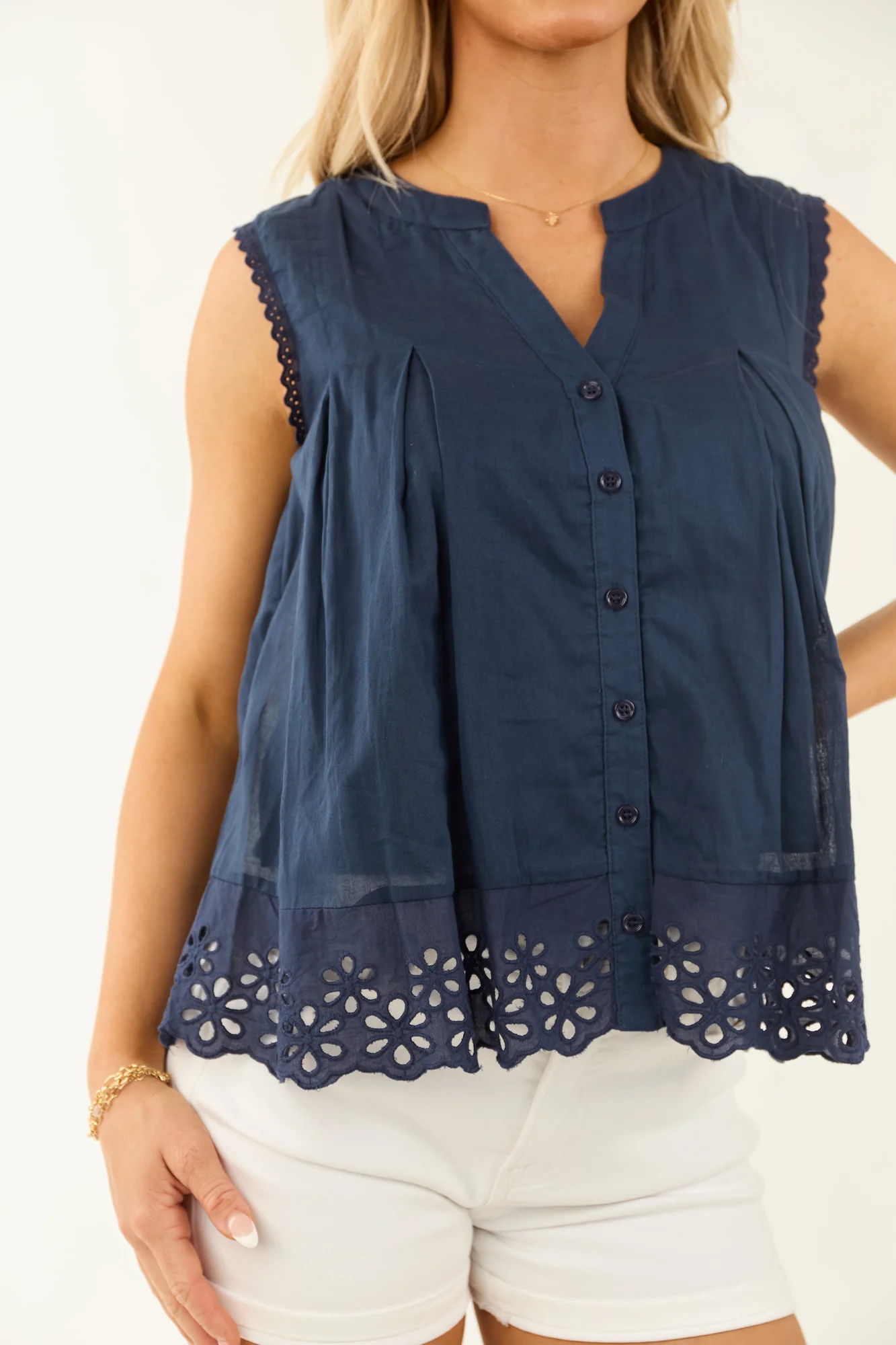 Navy Lace Trim Sleeveless Tank Top