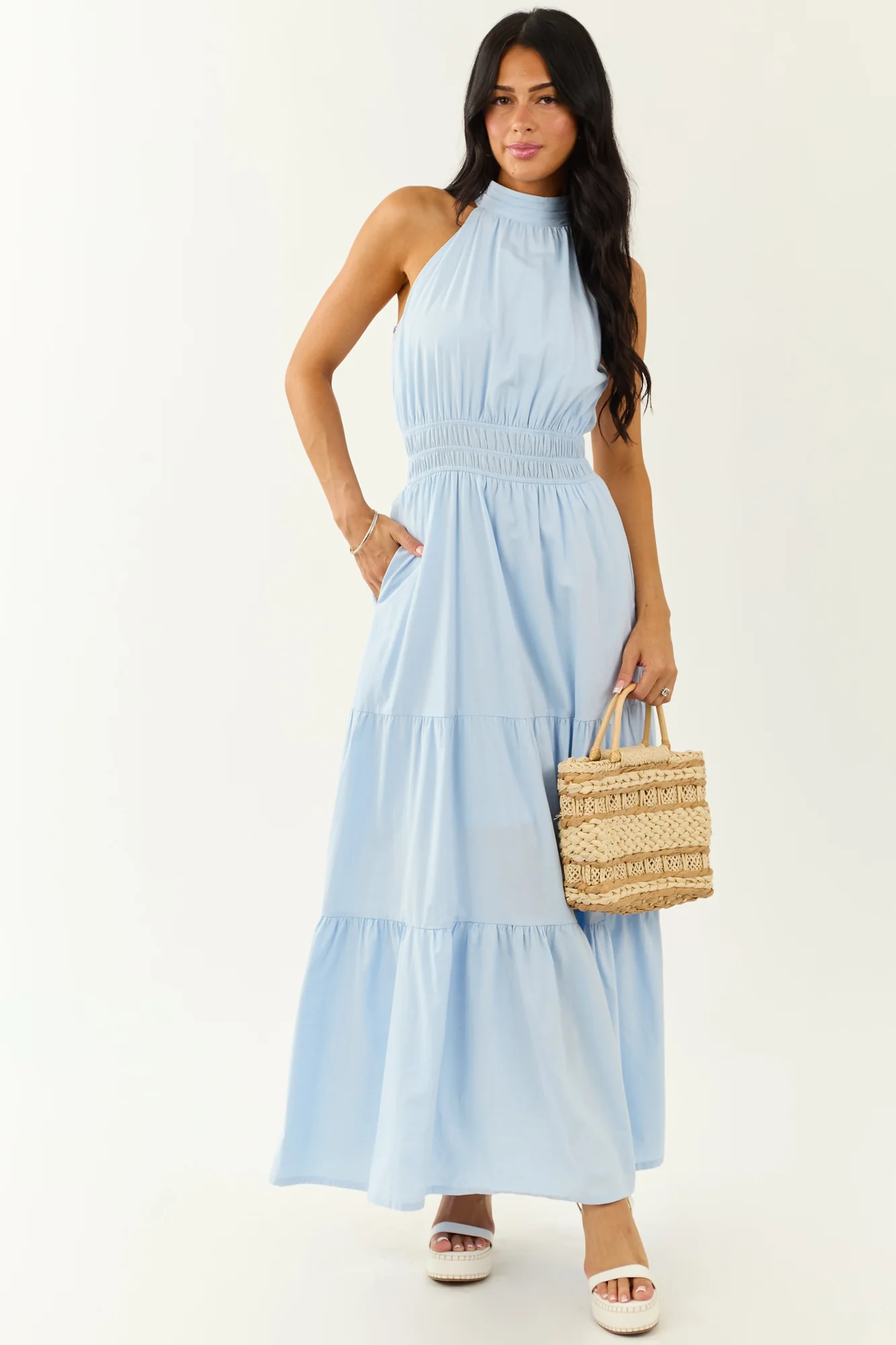 Powder Blue Halter Maxi Dress for Women - Elegant Flowy Silhouette
