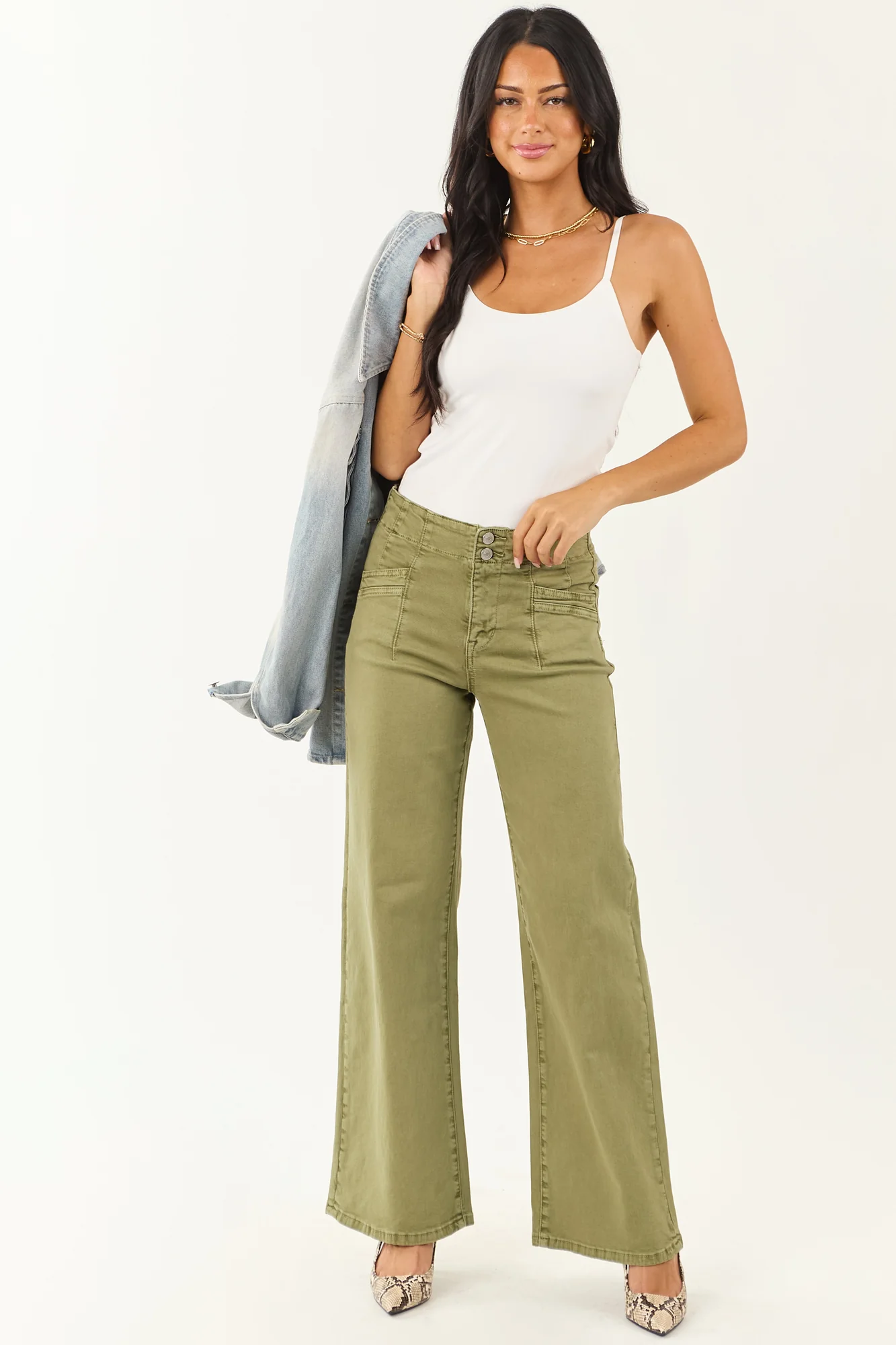 Green Wide Leg Stretchy Jeans High Rise Double Button Fly
