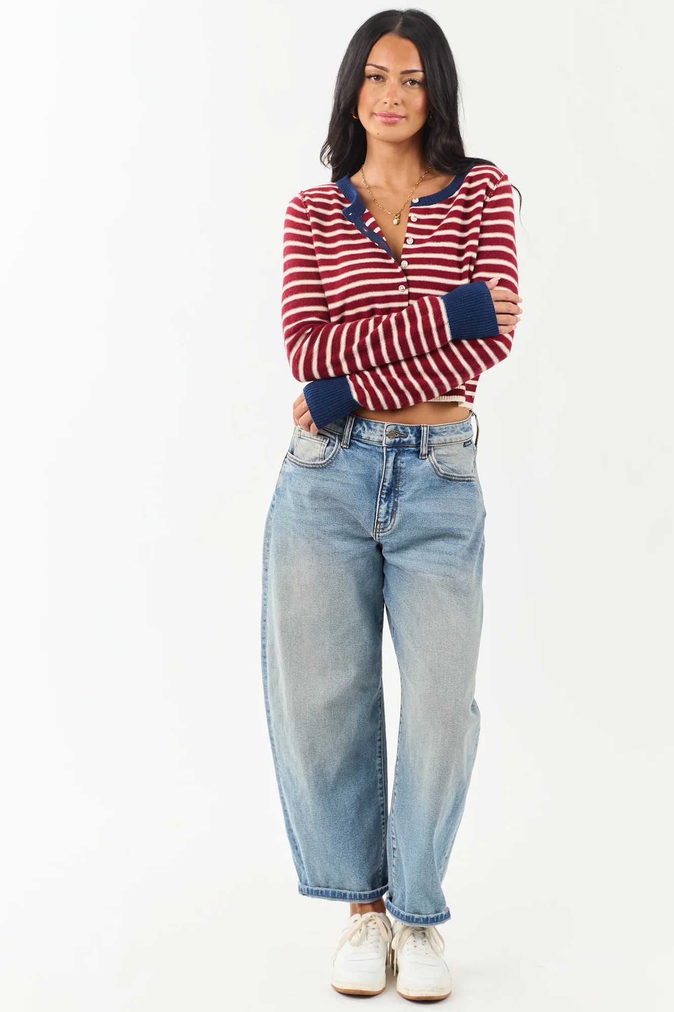 Maroon Striped Wool Blend Button Down Cardigan