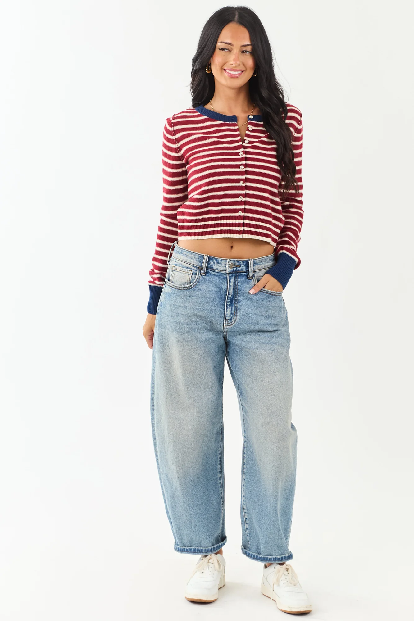 Maroon Striped Wool Blend Button Down Cardigan