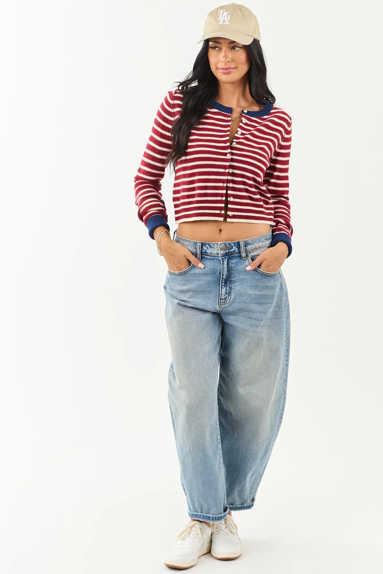 Maroon Striped Wool Blend Button Down Cardigan