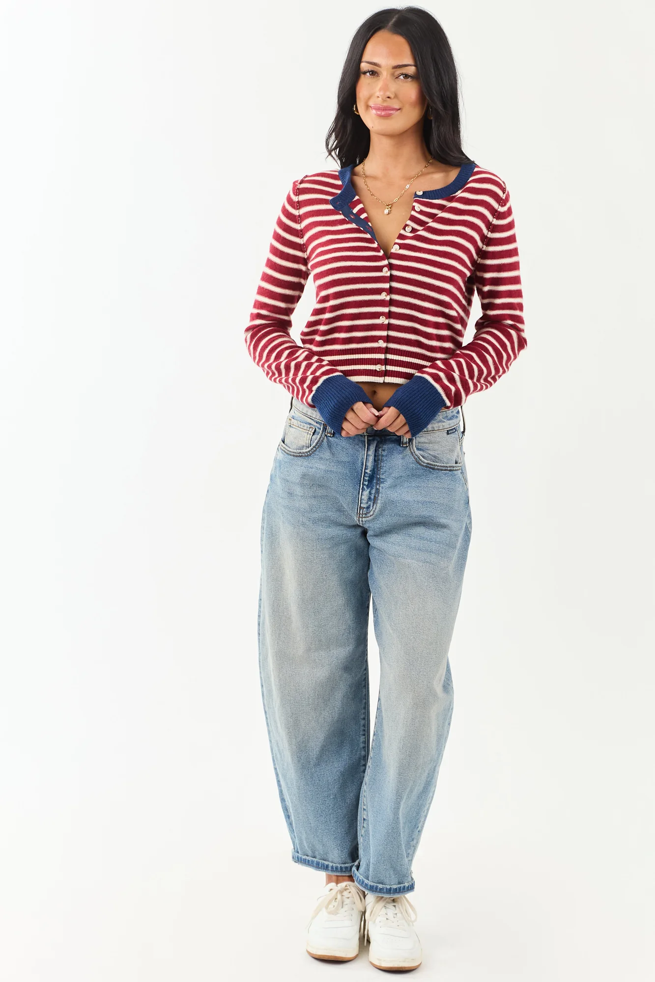 Maroon Striped Wool Blend Button Down Cardigan