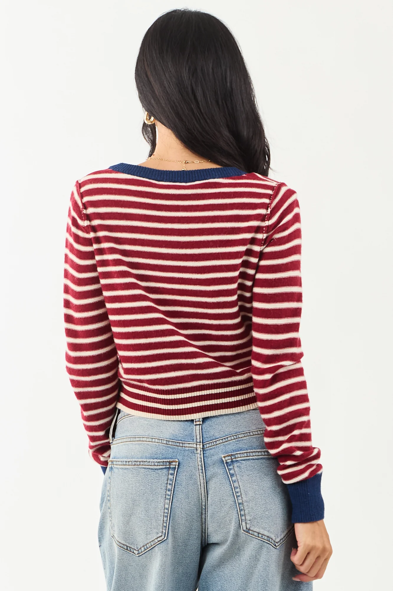 Maroon Striped Wool Blend Button Down Cardigan