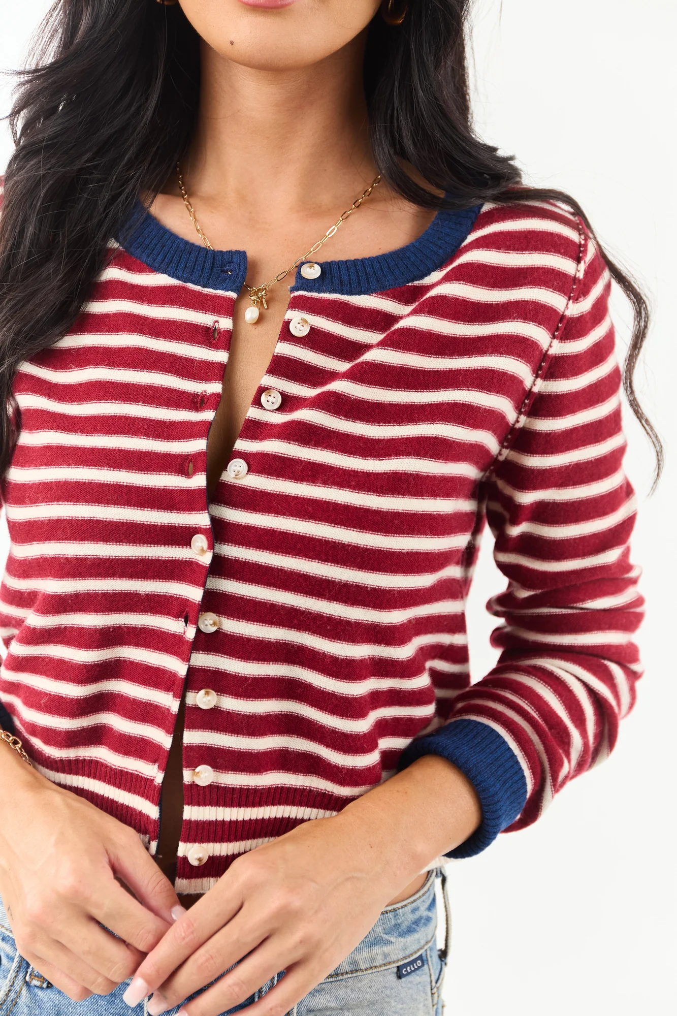 Maroon Striped Wool Blend Button Down Cardigan