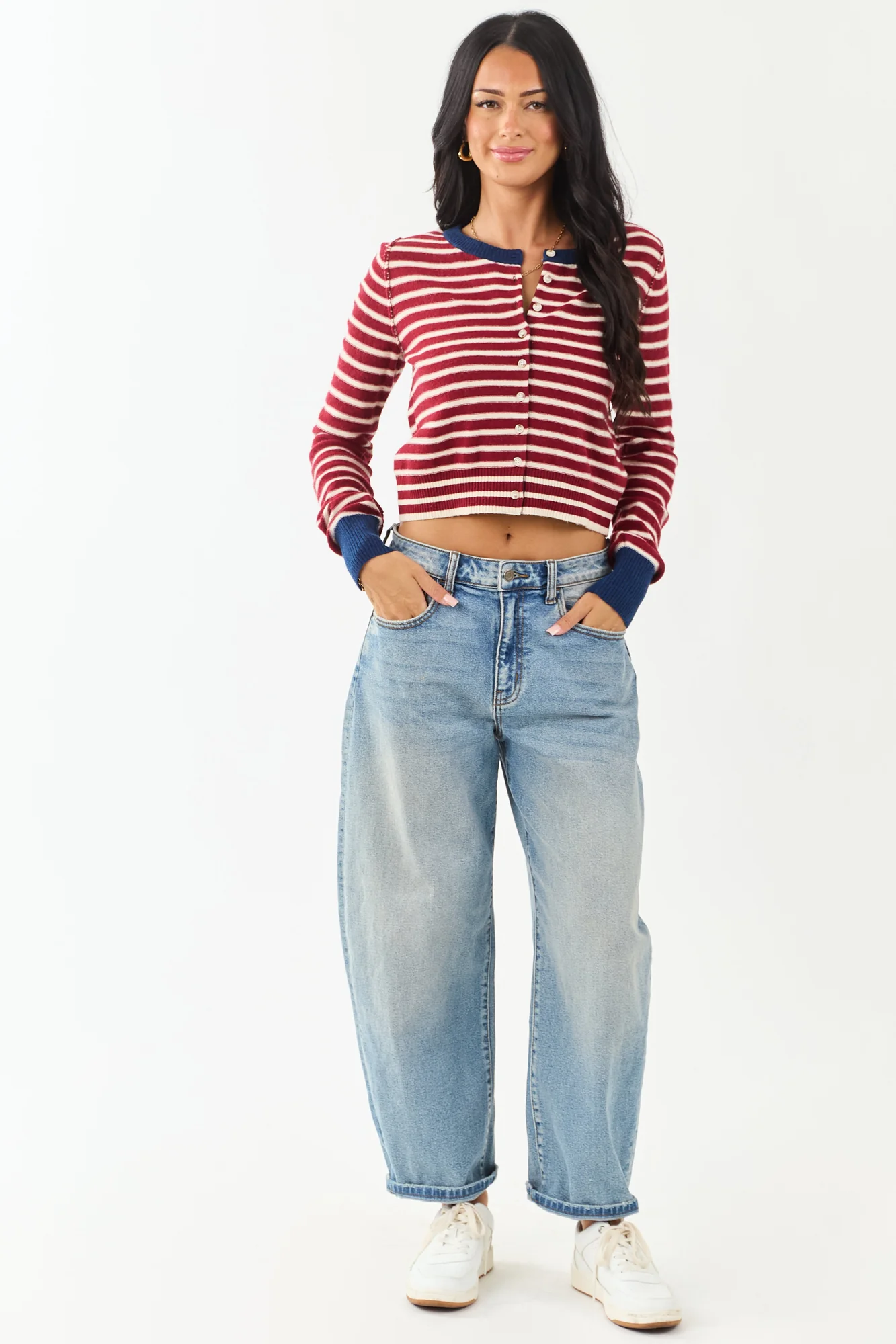 Maroon Striped Wool Blend Button Down Cardigan