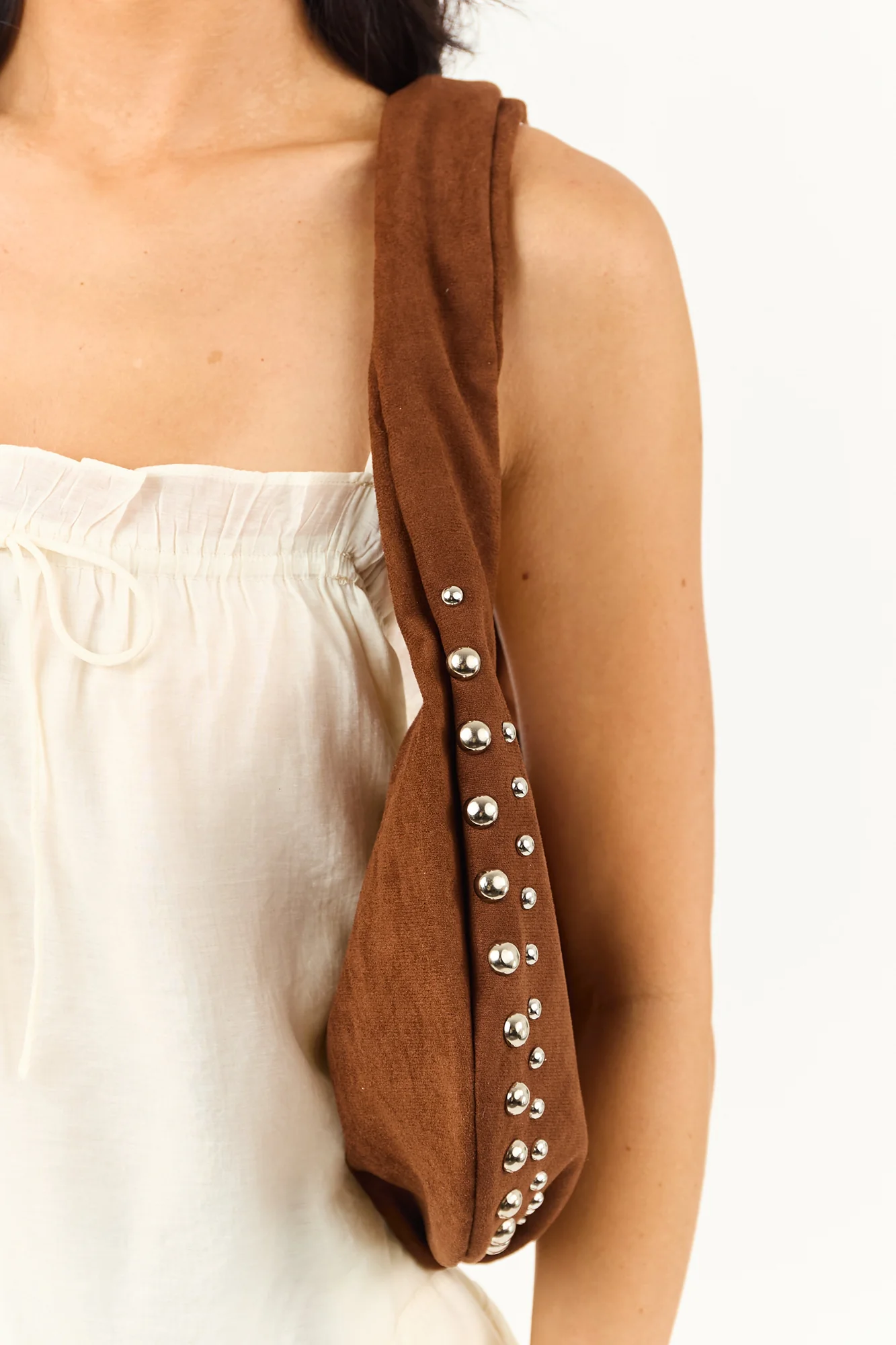 Brown Faux Suede Studded Shoulder Bag