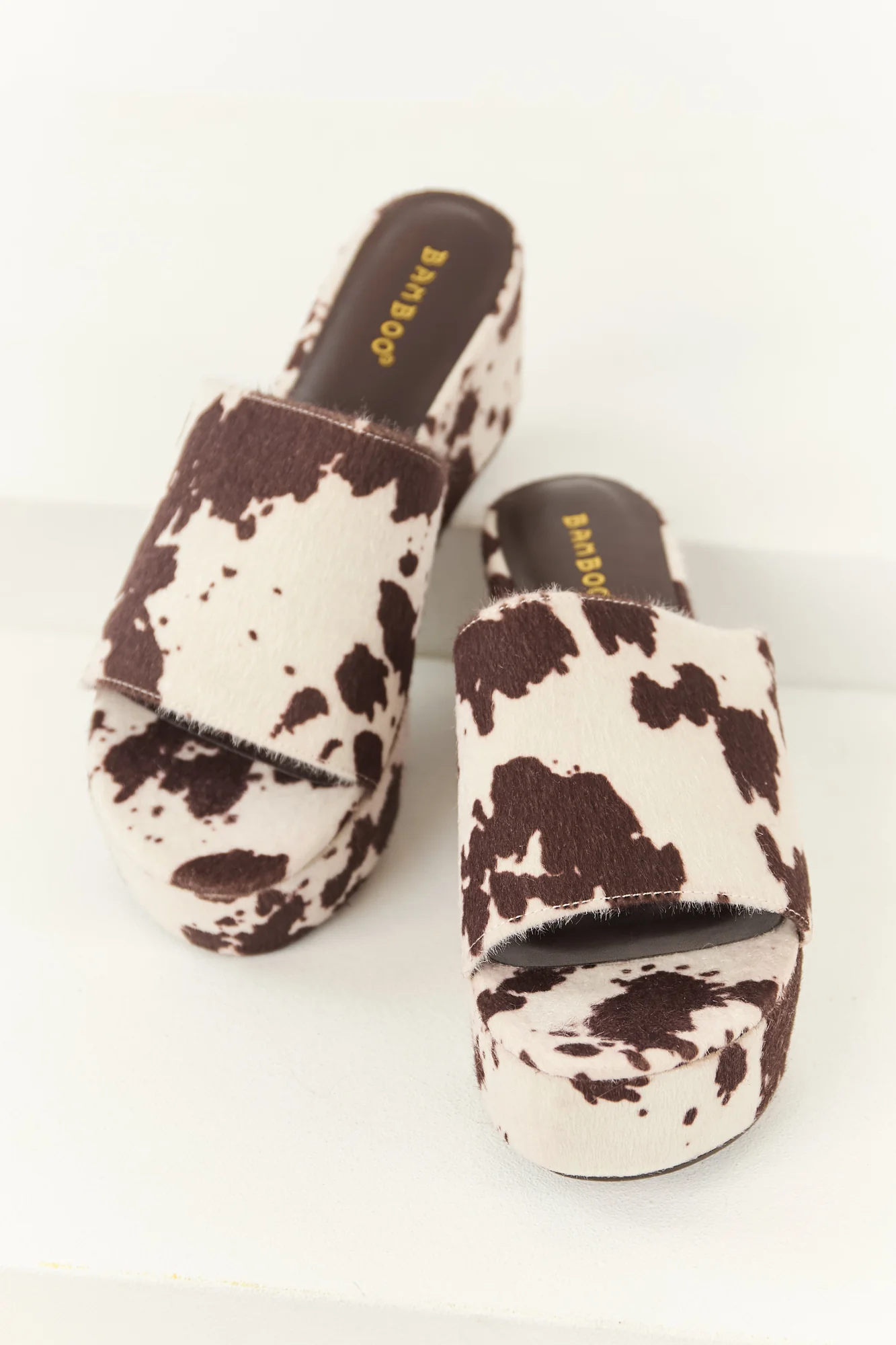 Cocoa Cow Print Faux Fur Open Toe Wedges