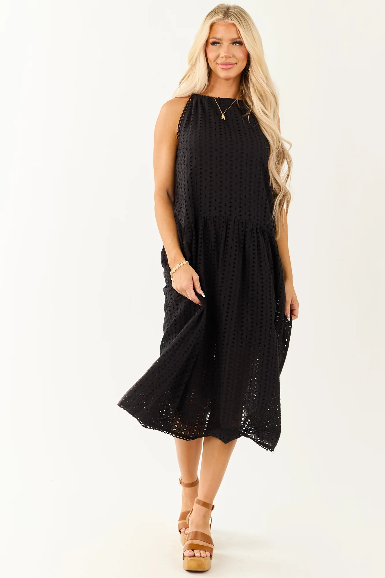 Chic Black Halter Cotton Midi Dress