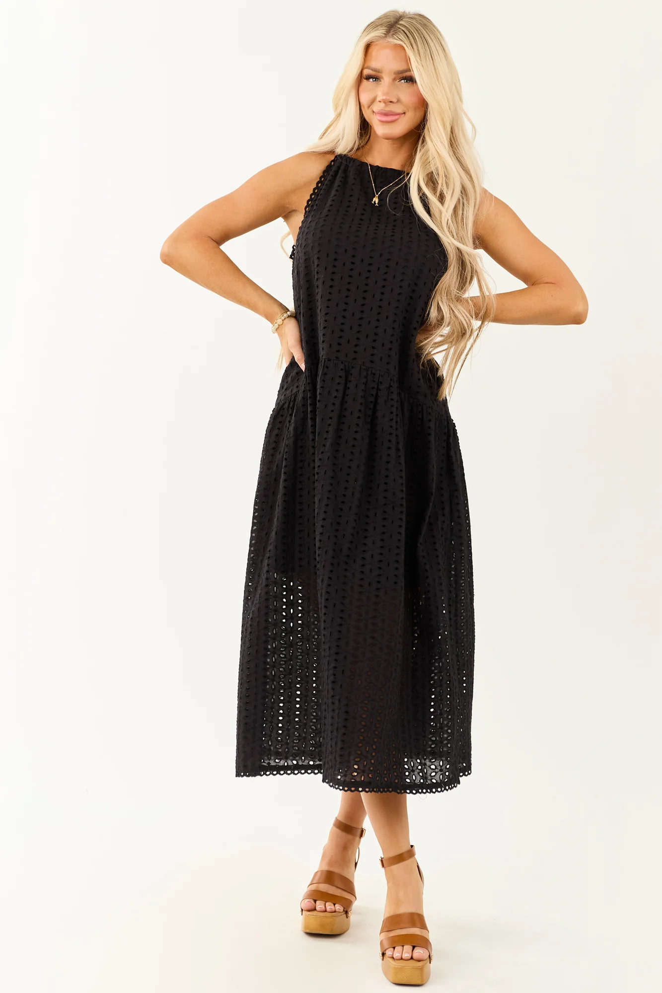 Chic Black Halter Cotton Midi Dress